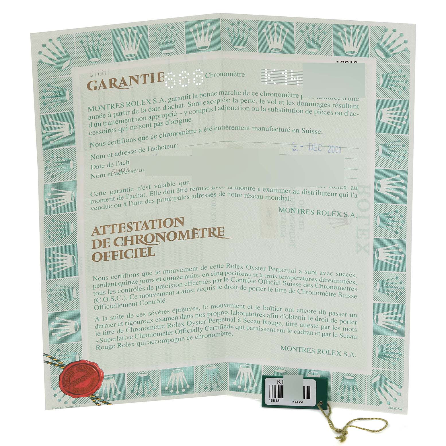 The image shows the warranty certificate and chronometer certification for the Rolex Submariner 16613 Men's Steel and Gold (two tone) Blue Dial 16613 Men's Steel and Gold (two tone) Blue Dial model.