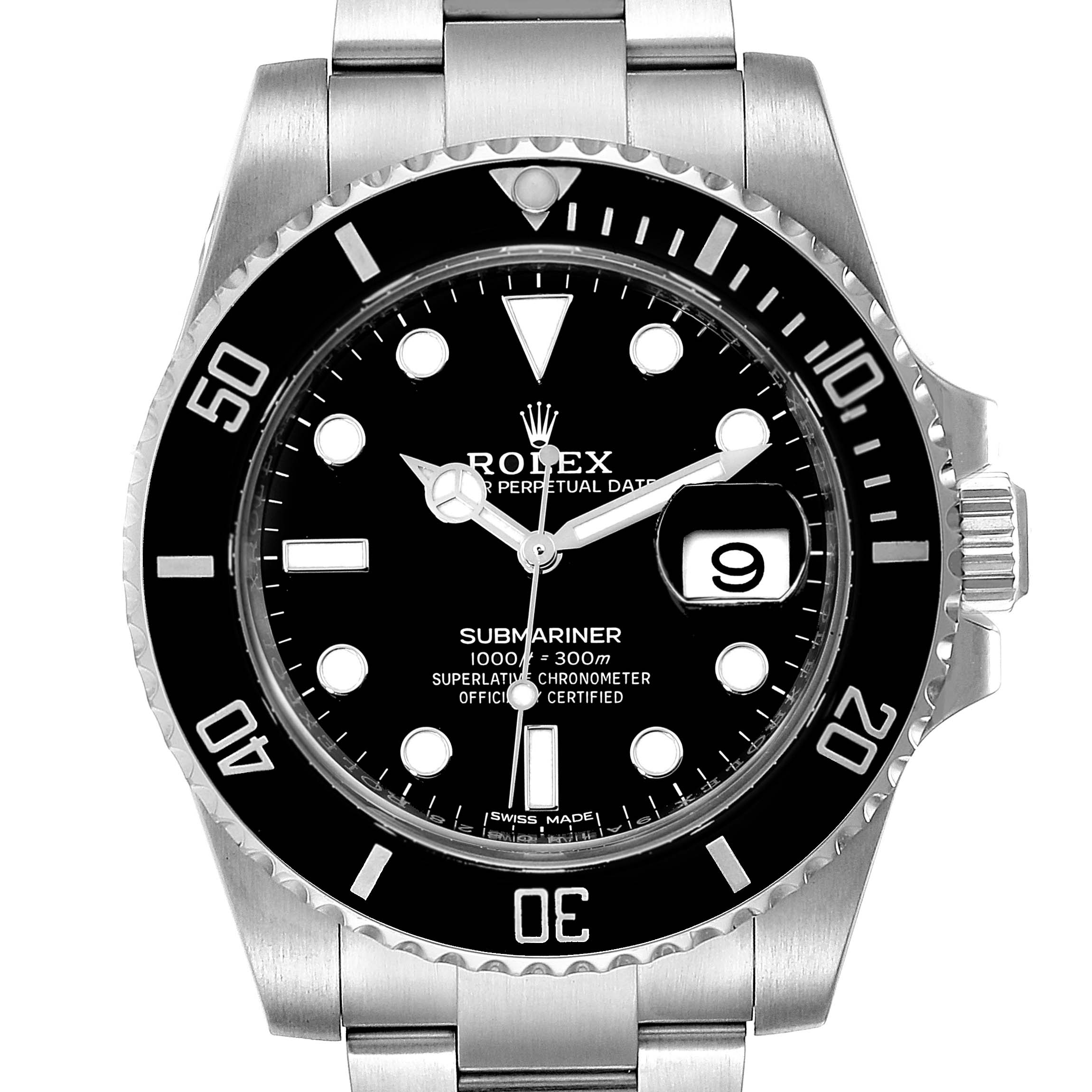 The image shows a front view of the Rolex Submariner 116610 Men
s Stainless Steel Black Dial 116610 Men
s Stainless Steel Black Dial watch, highlighting its dial, bezel, and part of the bracelet.