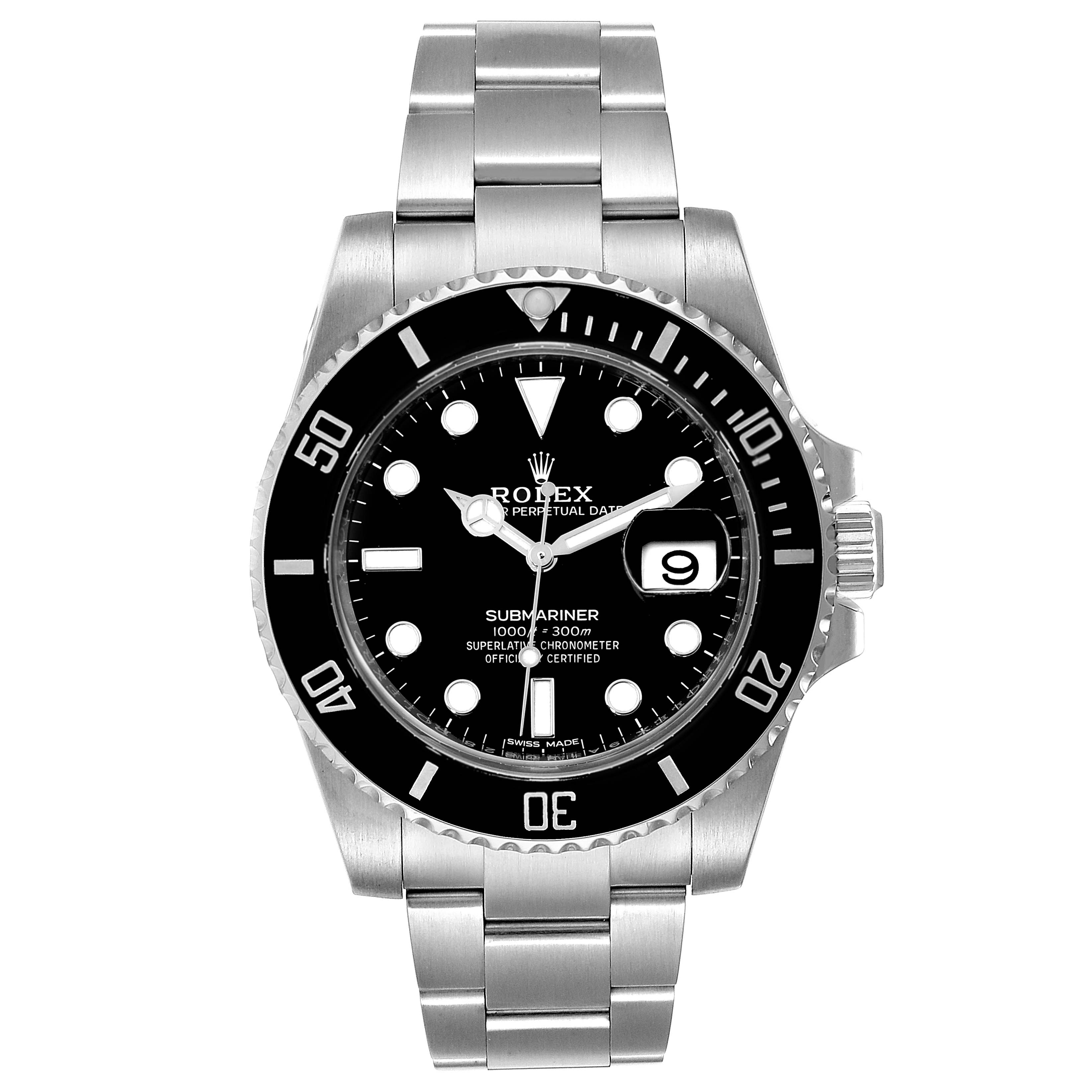 The image shows a front view of the Rolex Submariner 116610 Men
s Stainless Steel Black Dial 116610 Men
s Stainless Steel Black Dial watch, displaying the dial, bezel, and stainless steel bracelet.