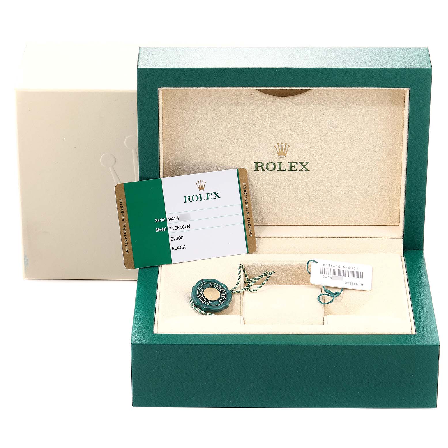 The image shows an open Rolex Submariner 116610 Men
s Stainless Steel Black Dial 116610 Men
s Stainless Steel Black Dial box with certification card and tags prominently displayed.