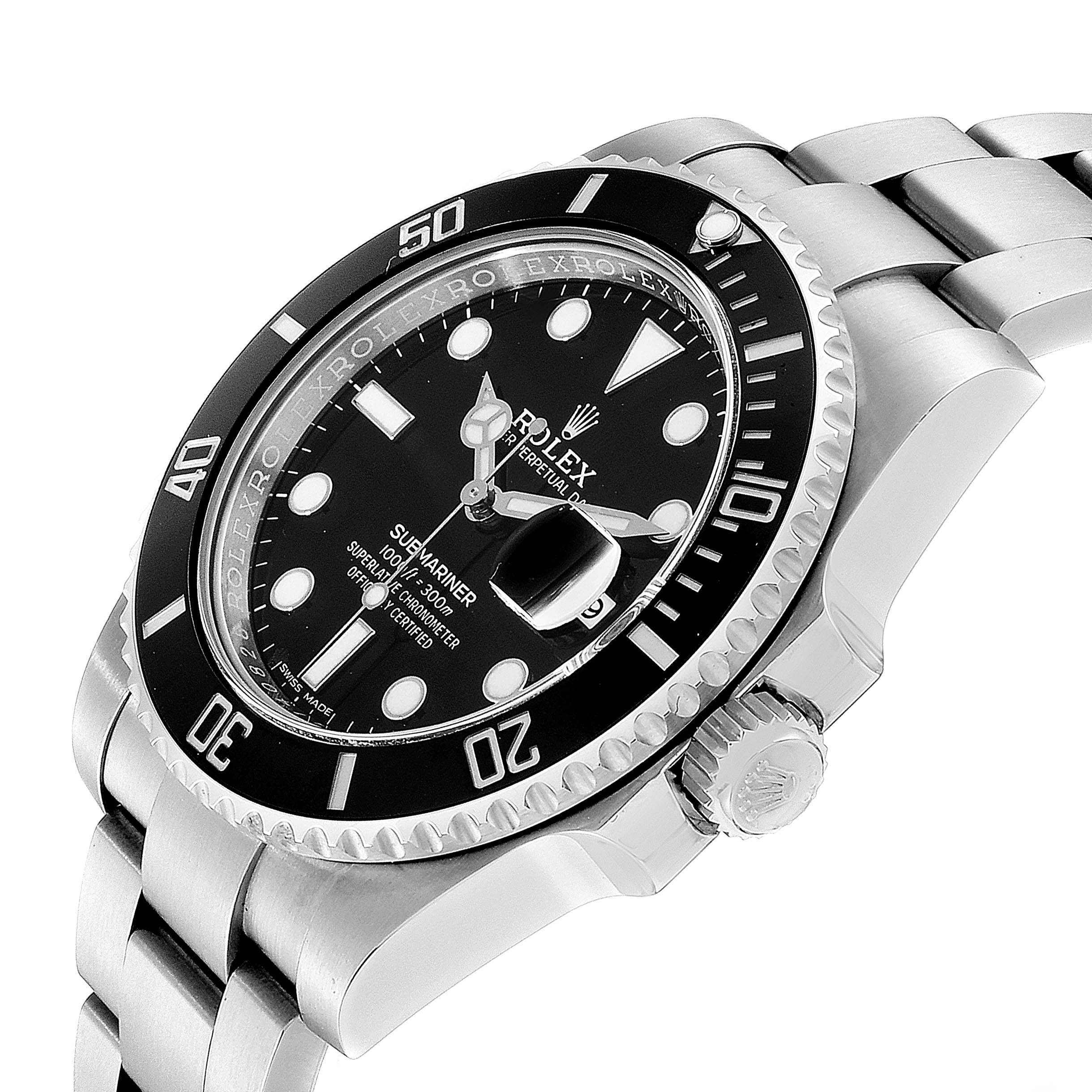 The image shows a Rolex Submariner 116610 Men
s Stainless Steel Black Dial 116610 Men
s Stainless Steel Black Dial watch from an angled side view, highlighting the bezel, dial, crown, and part of the bracelet.