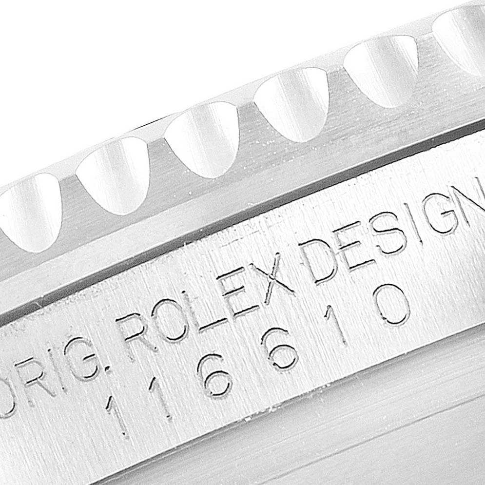 This close-up image shows the engraved model number on the case side of a Rolex Submariner 116610 Men
s Stainless Steel Black Dial 116610 Men
s Stainless Steel Black Dial.