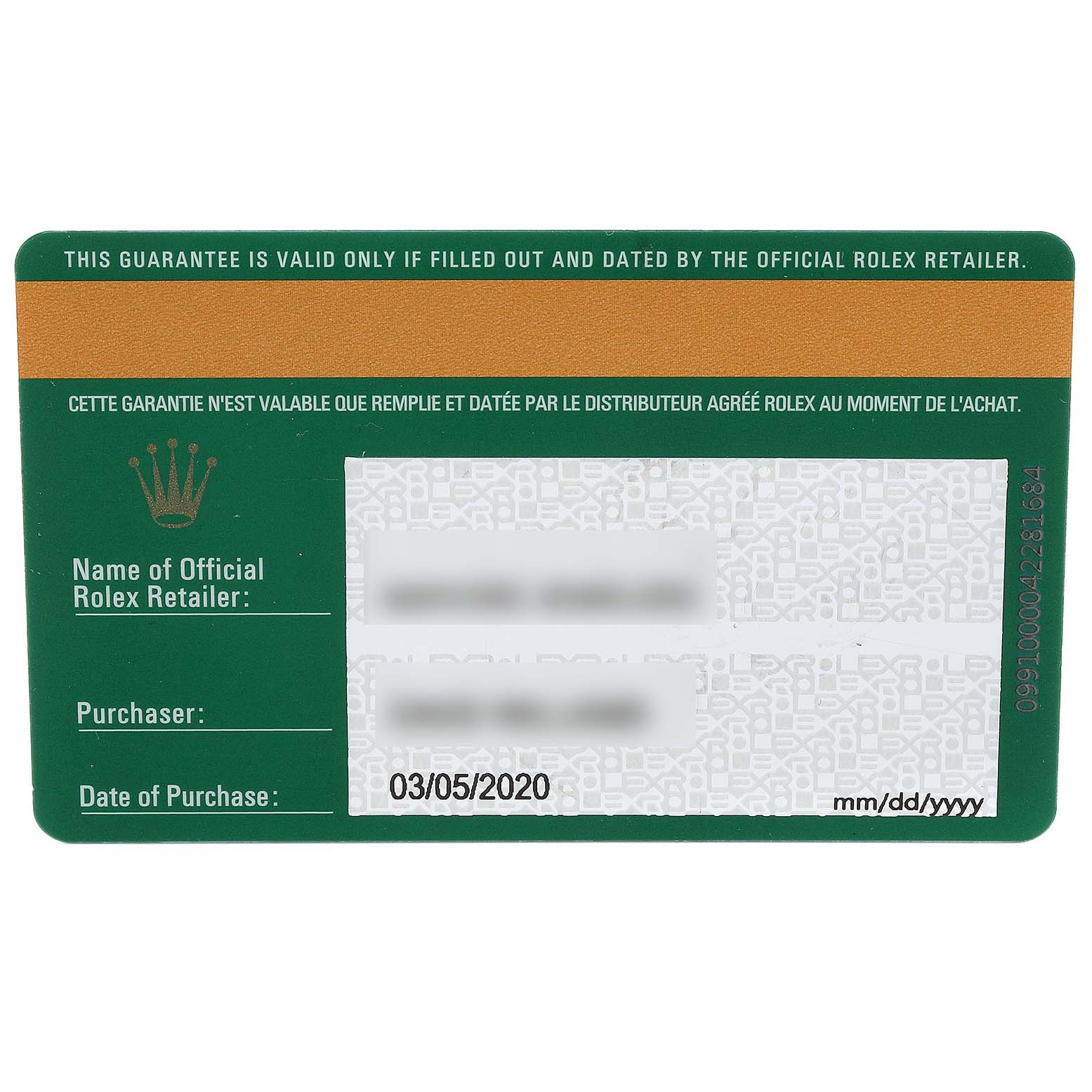 This image shows the guarantee card for a Rolex Submariner 116610 Men
s Stainless Steel Black Dial 116610 Men
s Stainless Steel Black Dial watch, displaying purchase details and retailer information.