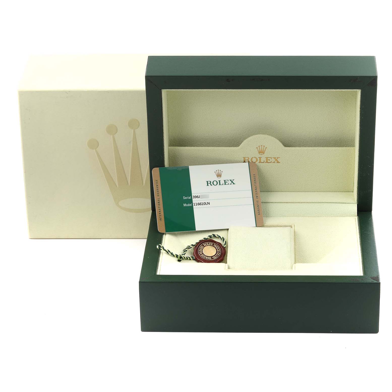 The angled view shows the open box, warranty card, and tag for the Rolex Submariner 116610 Men
s Stainless Steel Black Dial 116610 Men
s Stainless Steel Black Dial model.