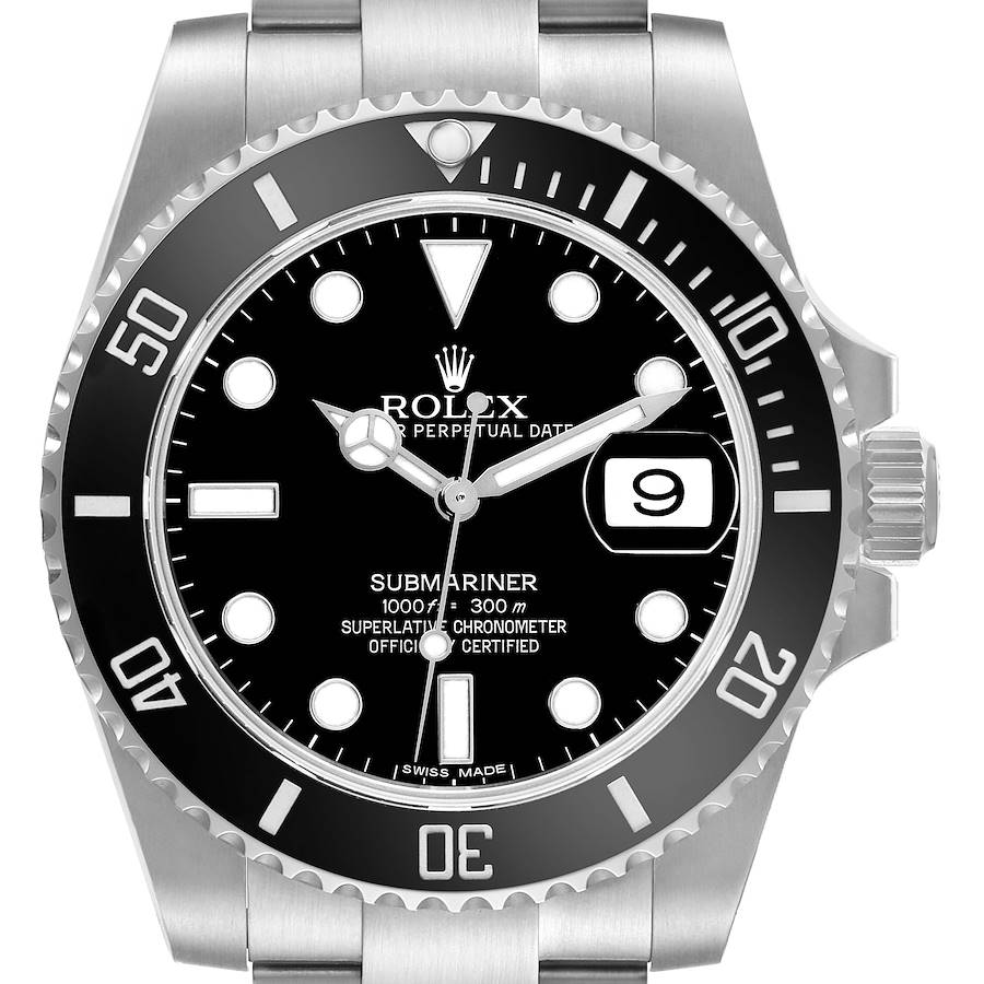 The Rolex Submariner watch is shown from a frontal angle, displaying the dial, bezel, and part of the bracelet.