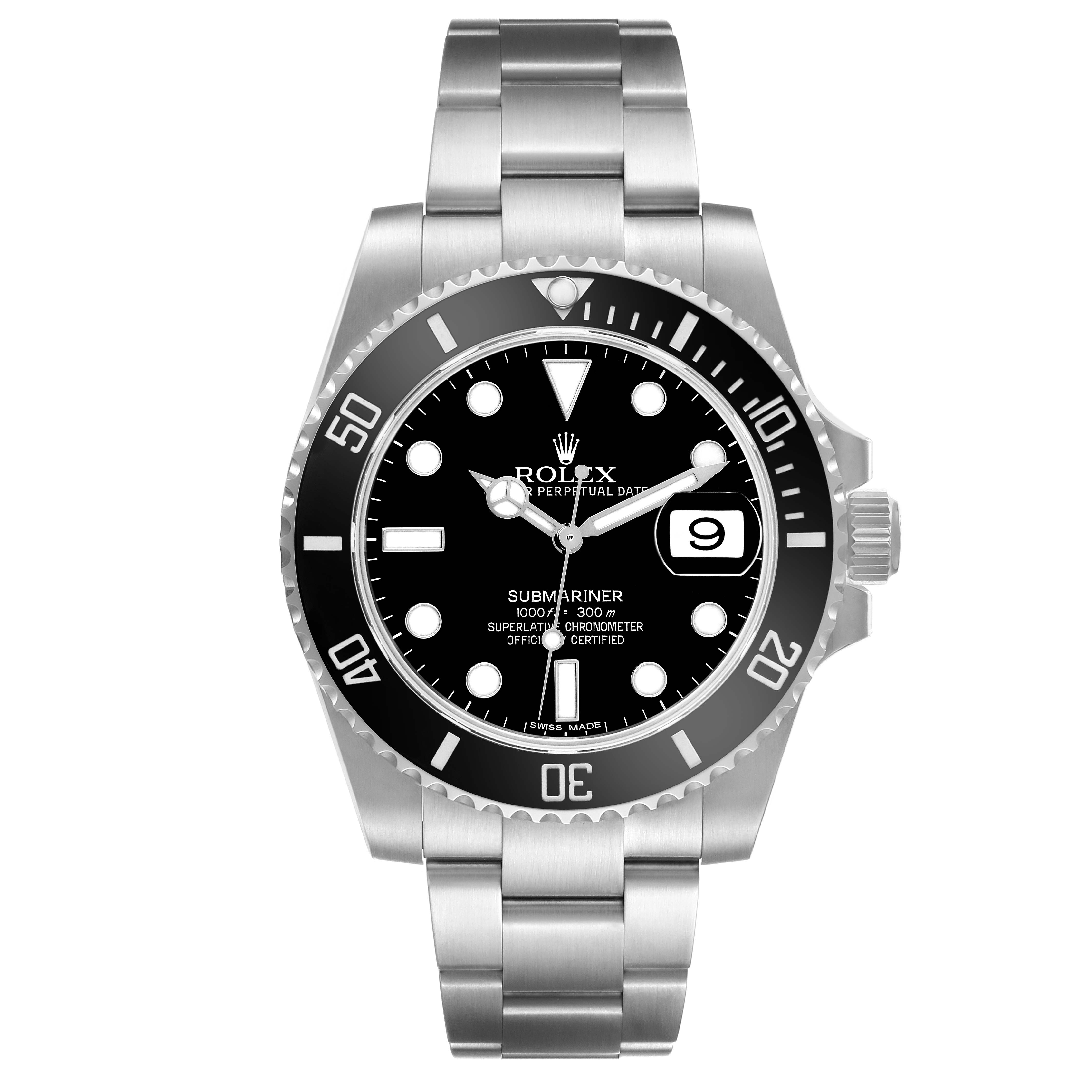 The Rolex Submariner 116610 Men
s Stainless Steel Black Dial 116610 Men
s Stainless Steel Black Dial is shown from a front view, displaying the face, bezel, and metal bracelet.