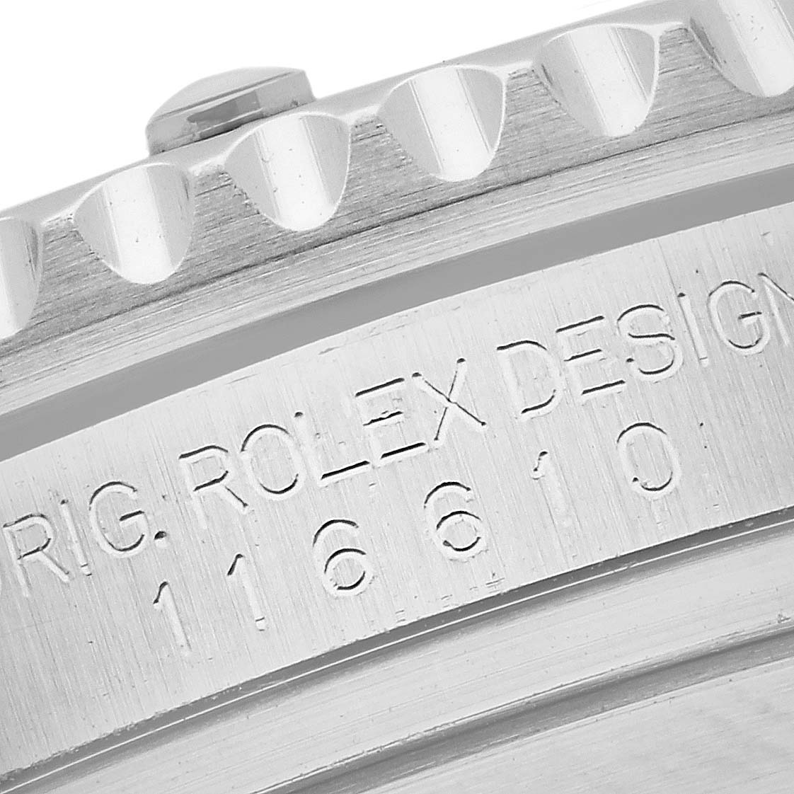 The image shows a close-up side view of the Rolex Submariner 116610 Men
s Stainless Steel Black Dial 116610 Men
s Stainless Steel Black Dial
s engraved bezel and case with model number 116610.