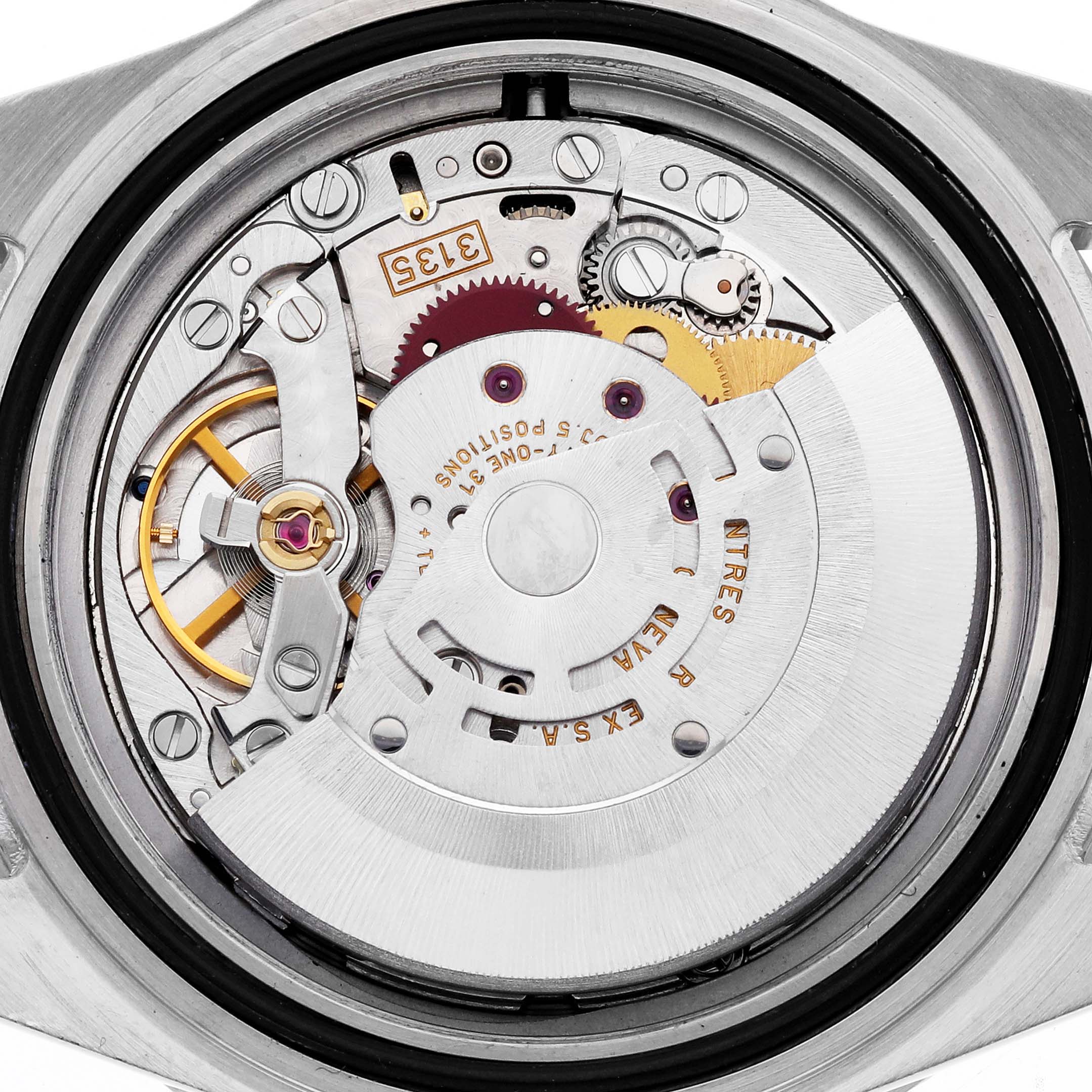 The image shows the movement mechanism of a Rolex Submariner 16610 Men
s Stainless Steel Black Dial 16610 Men
s Stainless Steel Black Dial watch from the back.