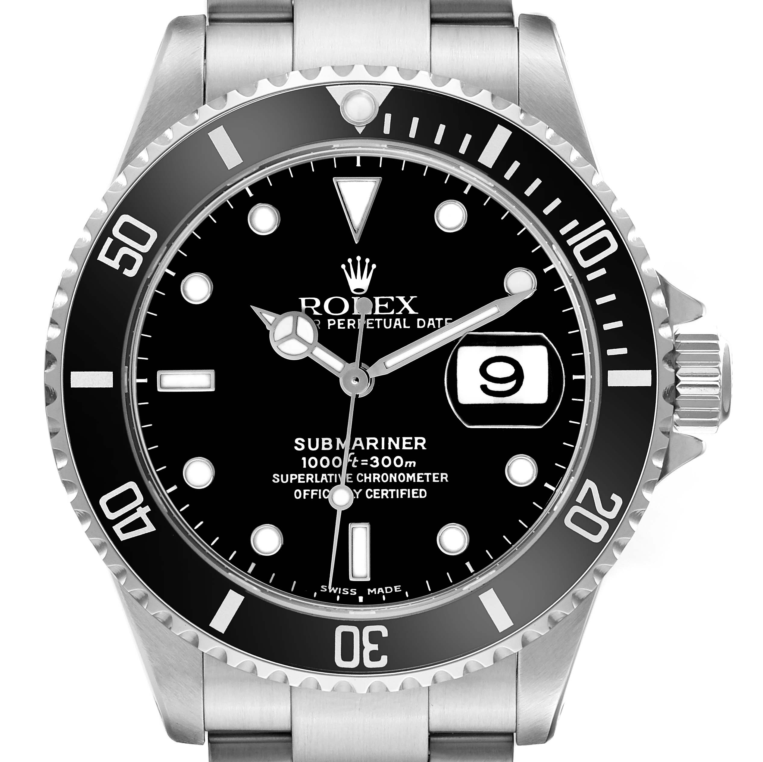 The image shows a frontal view of the Rolex Submariner 16610 Men
s Stainless Steel Black Dial 16610 Men
s Stainless Steel Black Dial watch, highlighting its face, bezel, and crown.