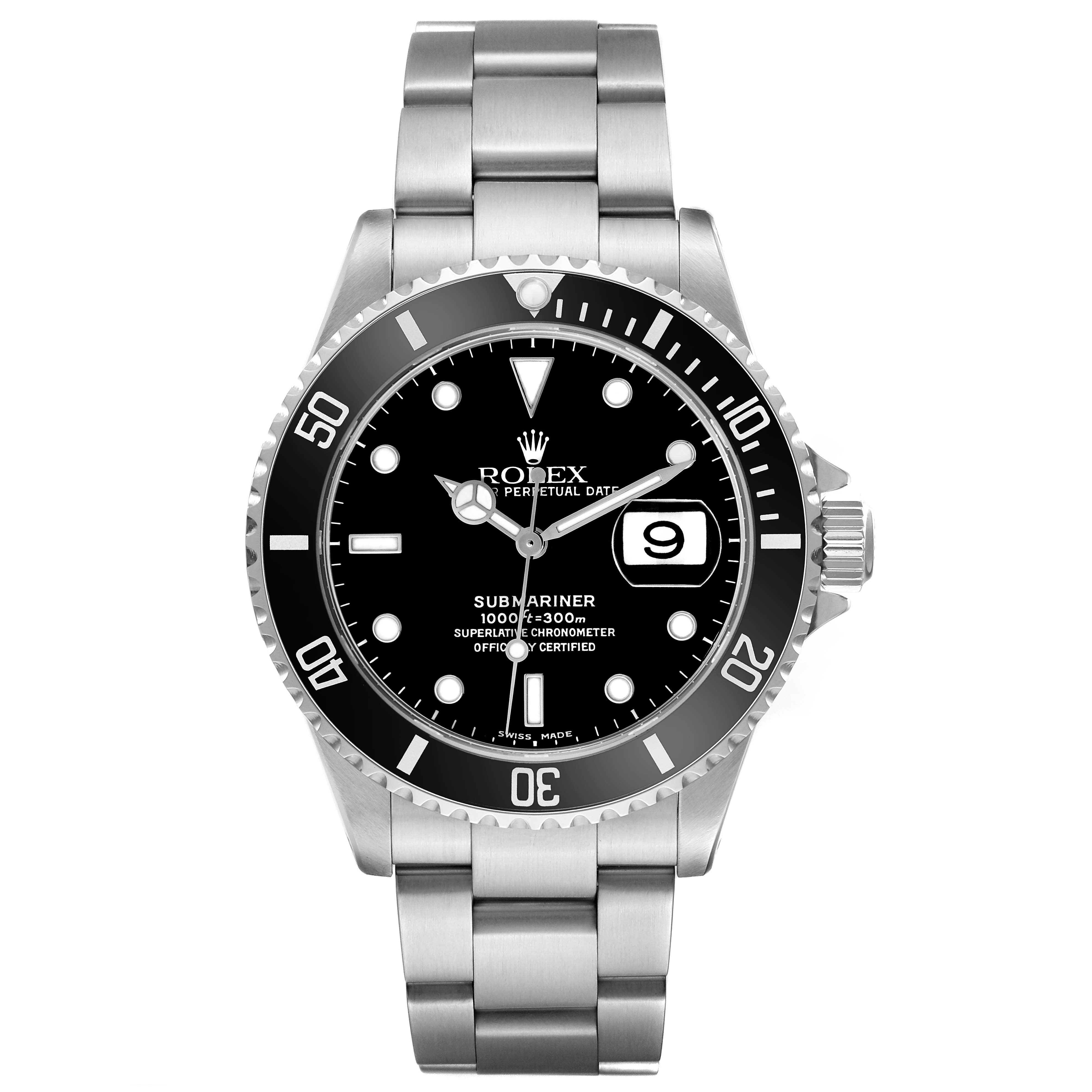 The Rolex Submariner 16610 Men
s Stainless Steel Black Dial 16610 Men
s Stainless Steel Black Dial watch is shown from a front angle, highlighting its dial, bezel, case, and bracelet.