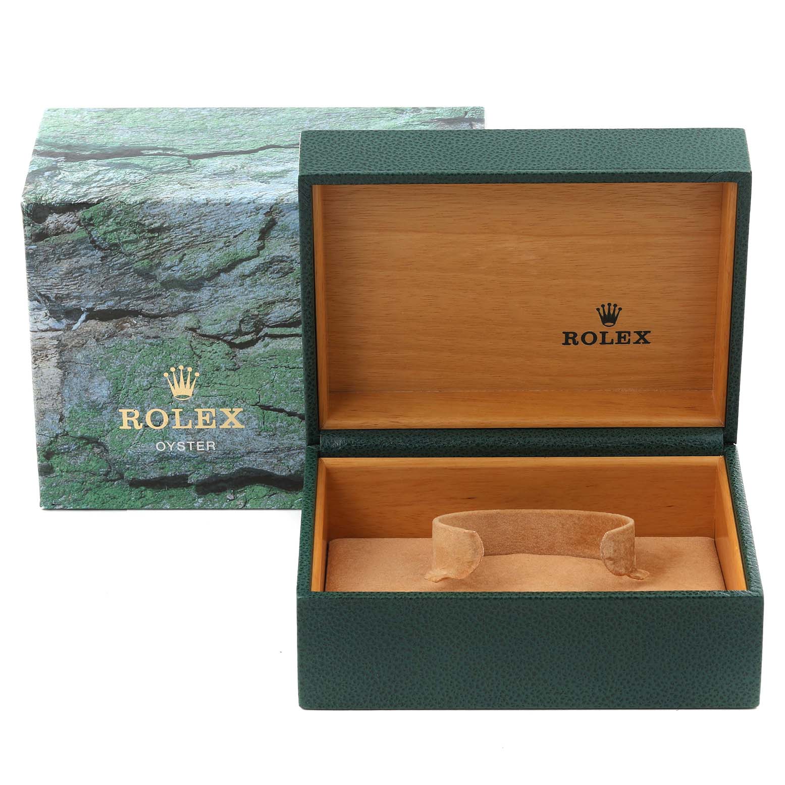 The image shows a Rolex Submariner 16610 Men
s Stainless Steel Black Dial 16610 Men
s Stainless Steel Black Dial watch box and outer carton from a front angle.