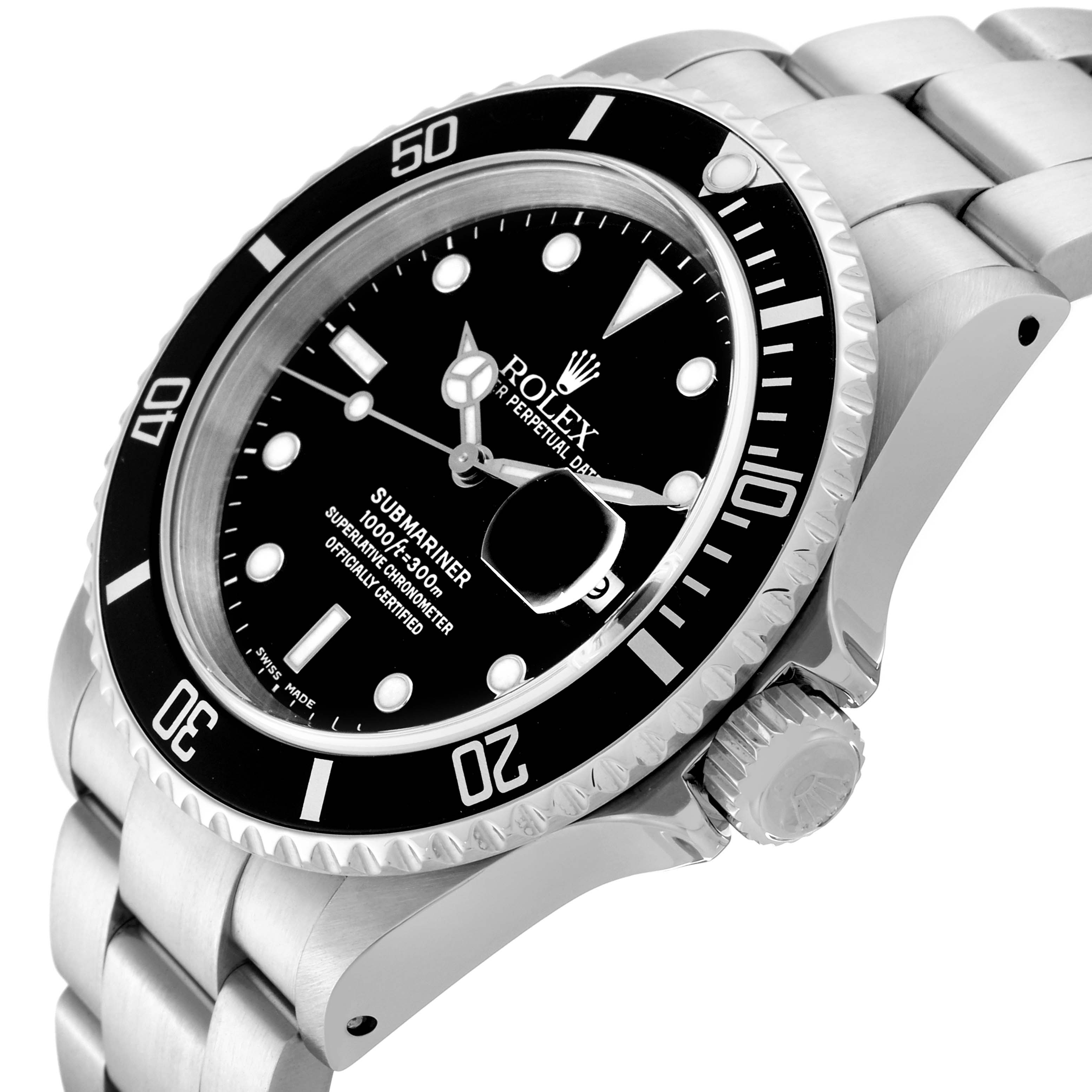 The Rolex Submariner 16610 Men
s Stainless Steel Black Dial 16610 Men
s Stainless Steel Black Dial watch is shown from a three-quarter angle, displaying the face, bezel, crown, and part of the bracelet.