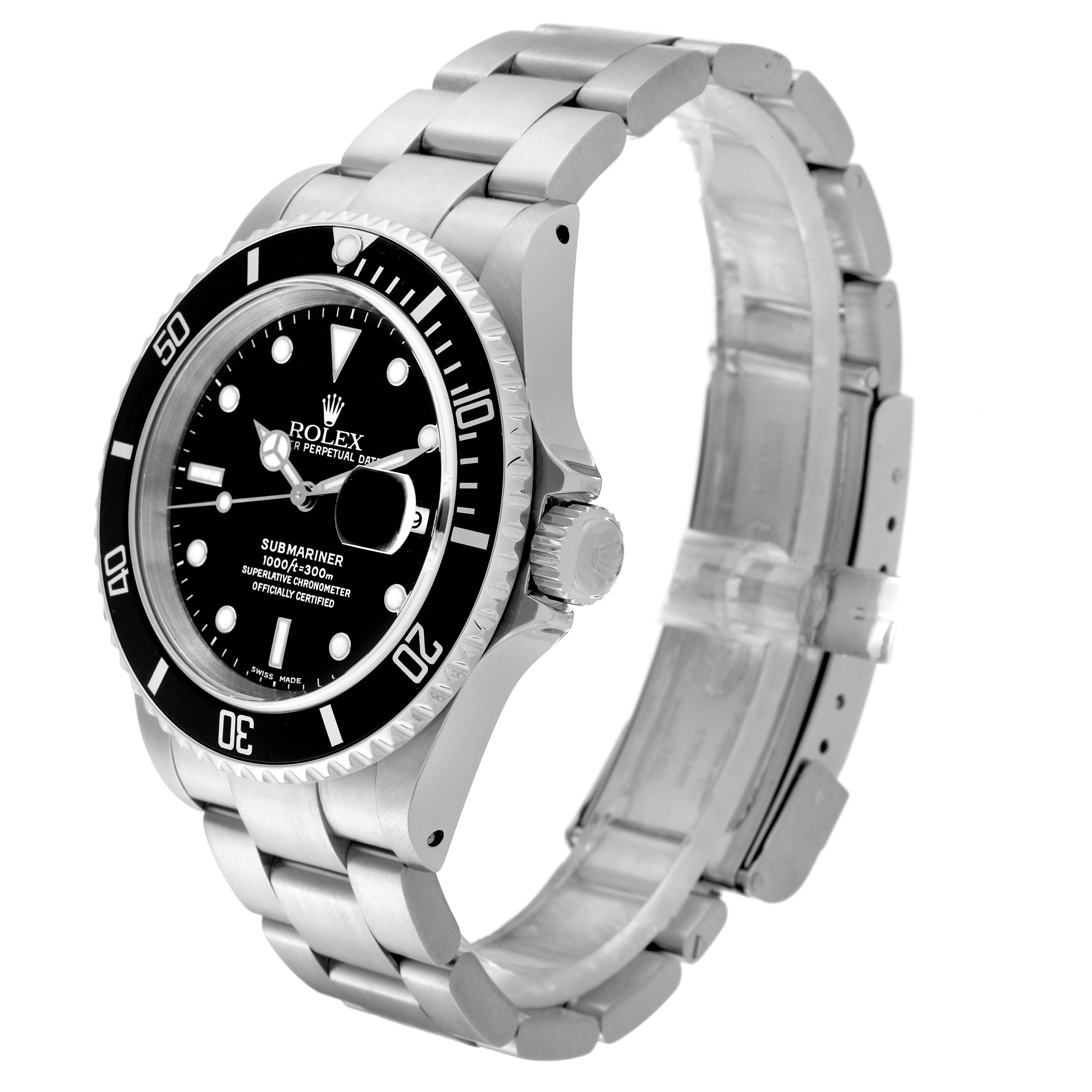The Rolex Submariner 16610 Men
s Stainless Steel Black Dial 16610 Men
s Stainless Steel Black Dial watch is shown at a slight angle, highlighting the bezel, dial, and bracelet.