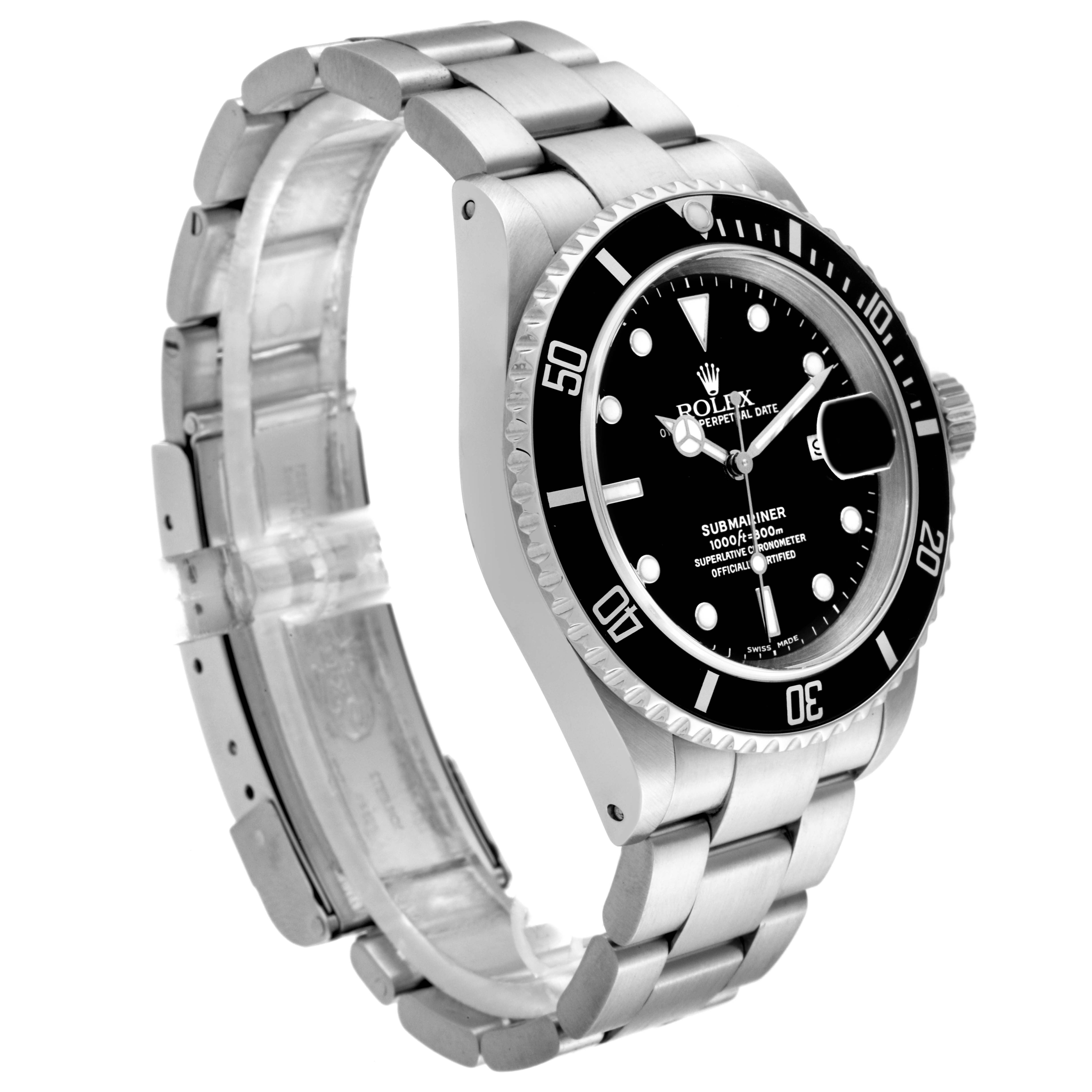 The Rolex Submariner 16610 Men
s Stainless Steel Black Dial 16610 Men
s Stainless Steel Black Dial is shown at a three-quarter angle, displaying the face, bezel, and bracelet.