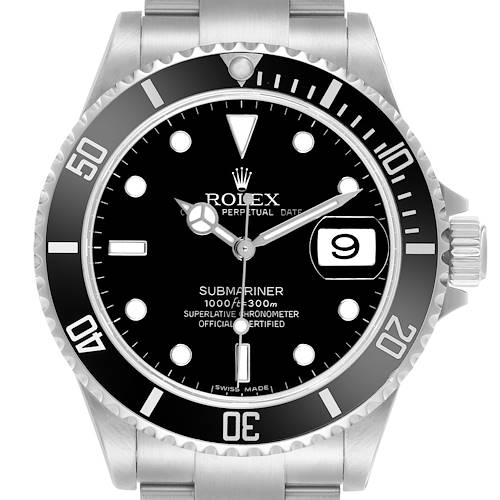 This image shows a front view of the Rolex Submariner 16610 Men's Stainless Steel Black Dial, highlighting the dial, bezel, and crown.