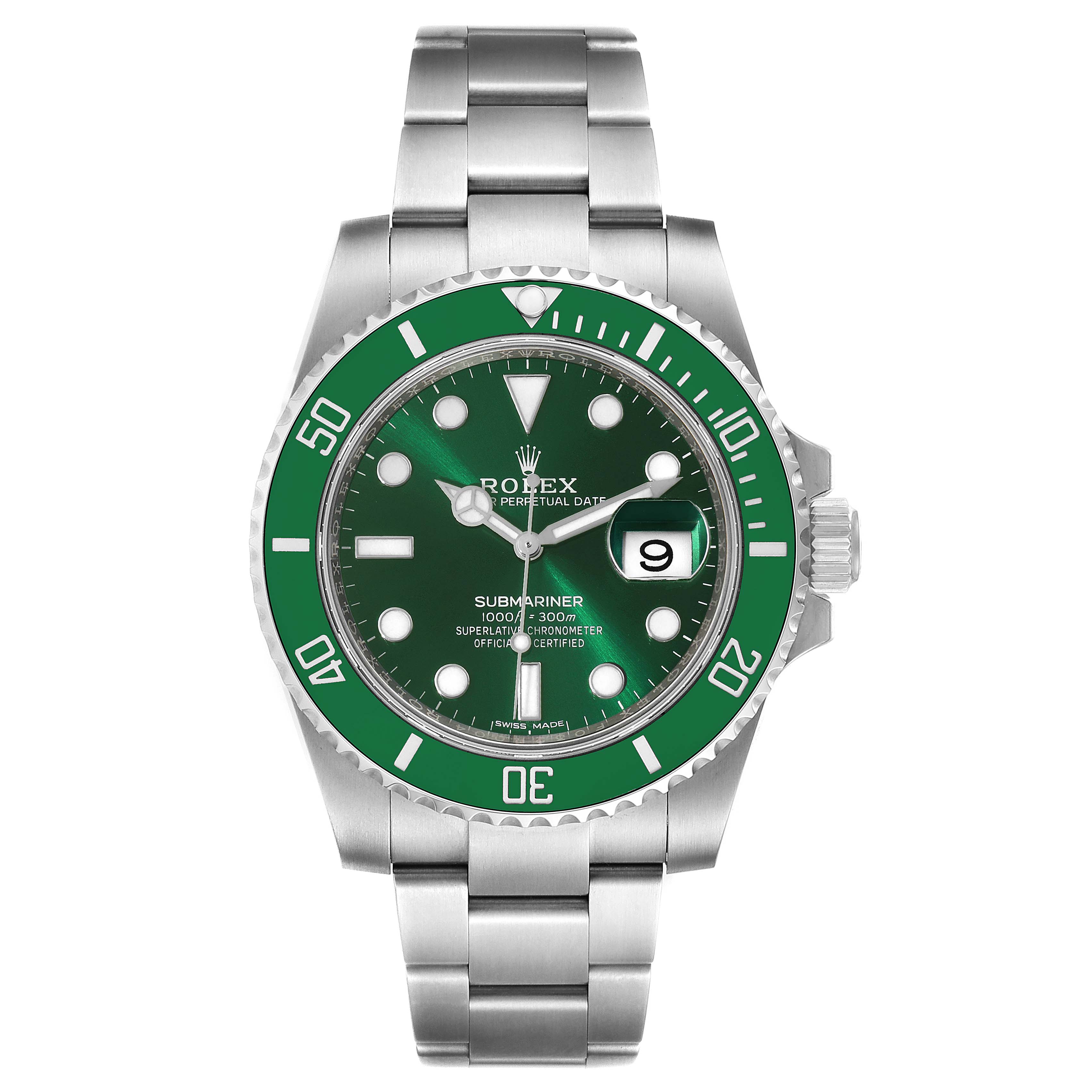 The image shows a front view of a Rolex Submariner 116610LV Men
s Stainless Steel Green Dial 116610LV Men
s Stainless Steel Green Dial watch, displaying the dial, bezel, and stainless steel bracelet.