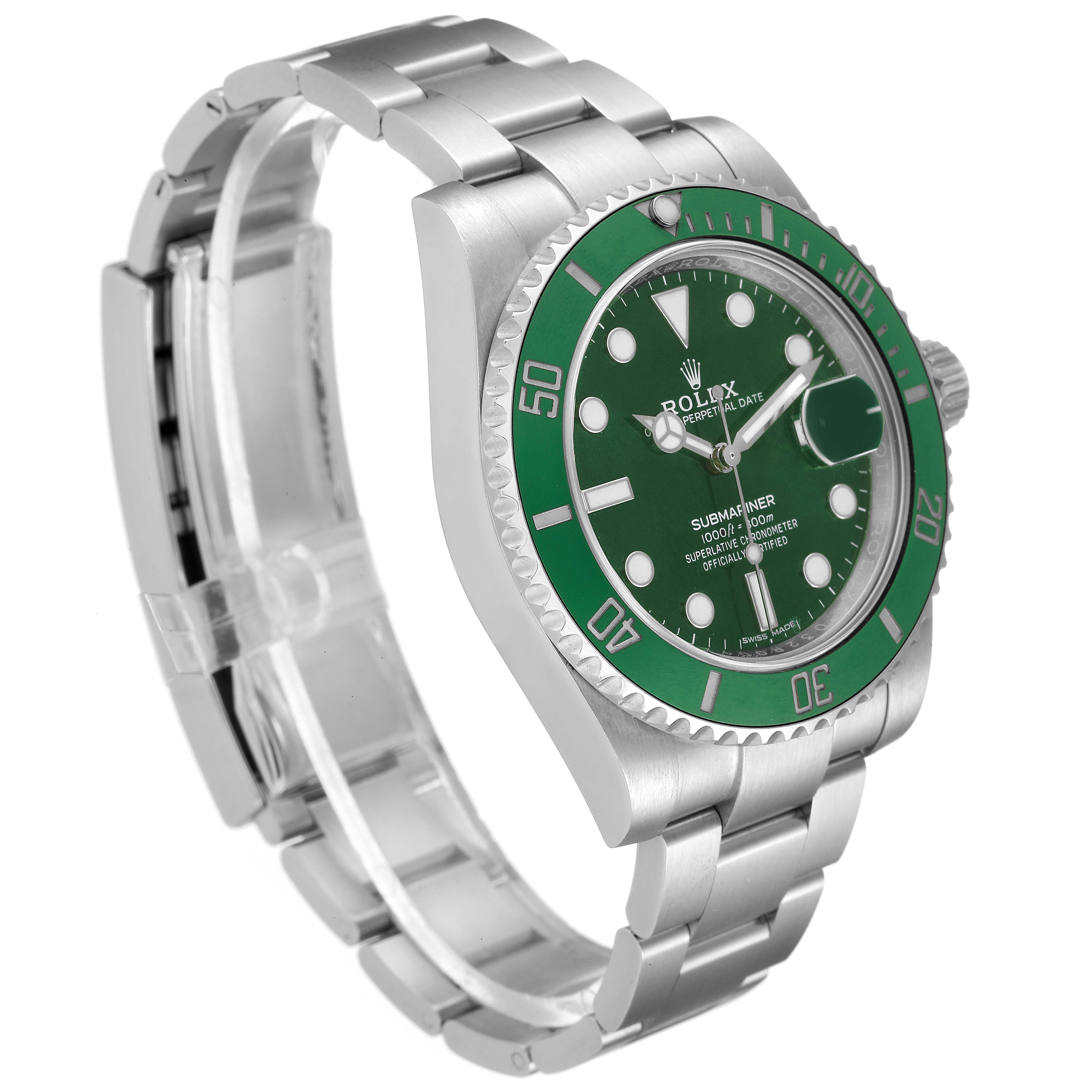 The Rolex Submariner 116610LV Men
s Stainless Steel Green Dial 116610LV Men
s Stainless Steel Green Dial is shown at a three-quarter angle, highlighting its green bezel, dial, crown, and stainless steel bracelet.