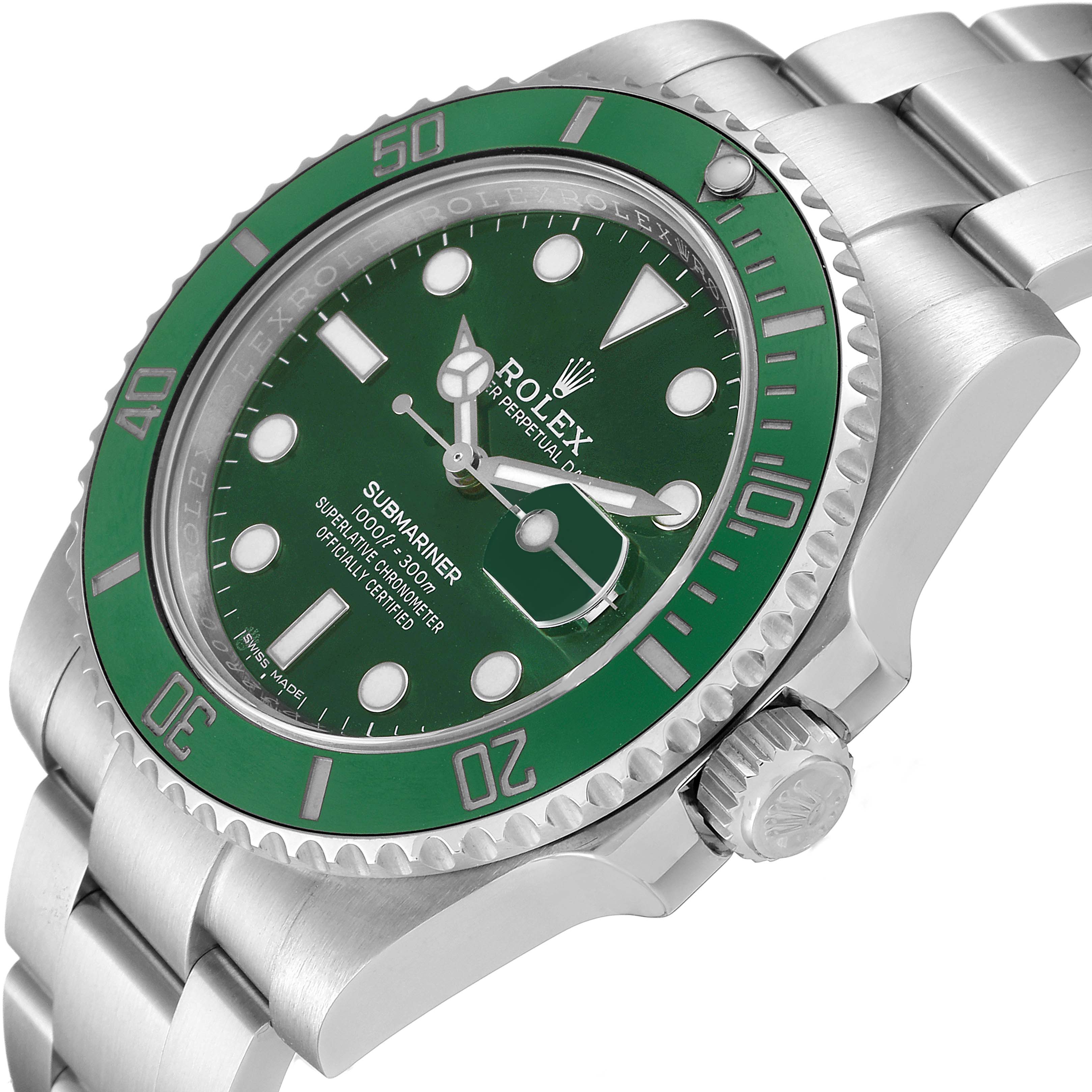 The image shows an angled view of the Rolex Submariner 116610LV Men
s Stainless Steel Green Dial 116610LV Men
s Stainless Steel Green Dial watch with a green bezel and face, highlighting the crown and bracelet.
