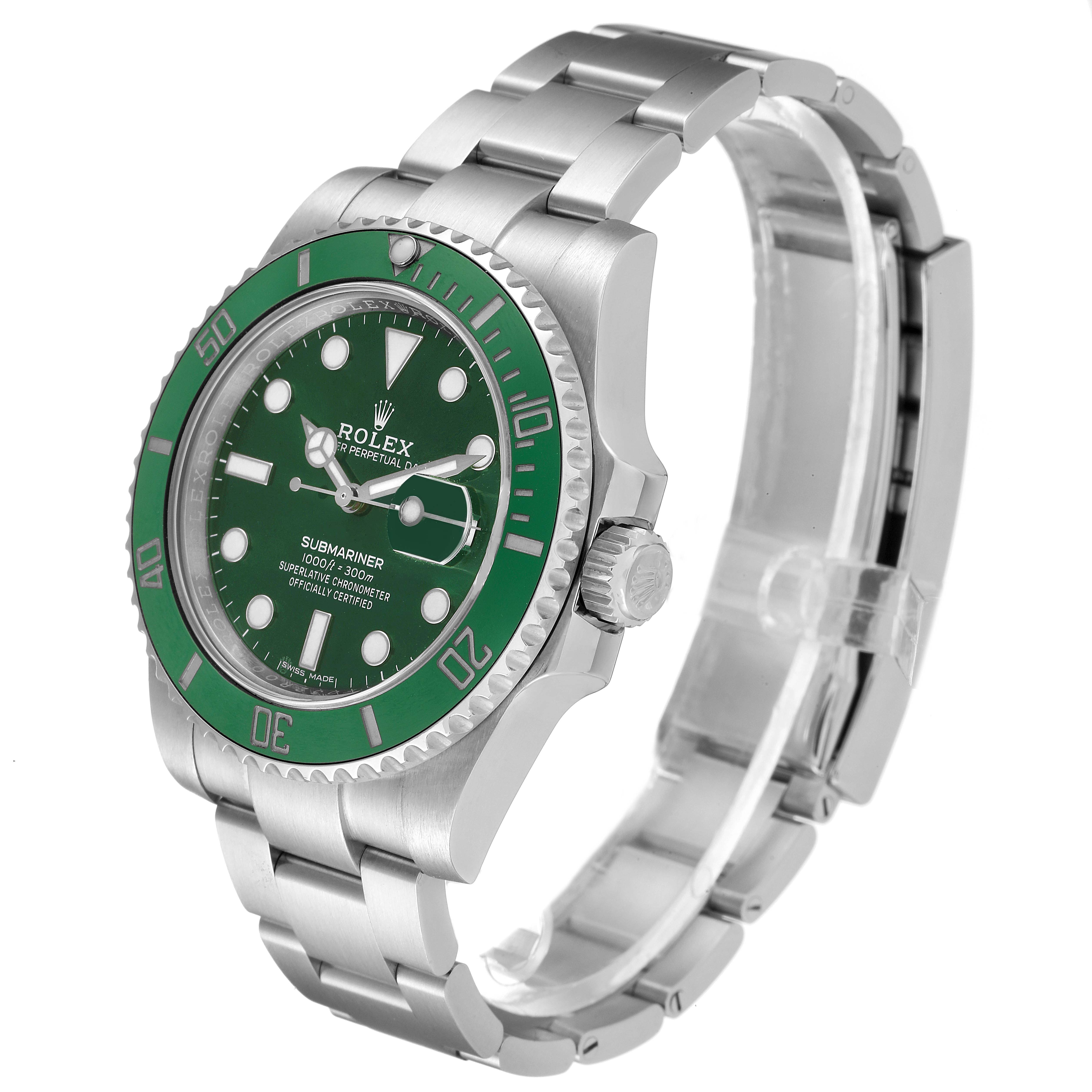 The image shows a side angle view of a Rolex Submariner 116610LV Men
s Stainless Steel Green Dial 116610LV Men
s Stainless Steel Green Dial watch, highlighting its green bezel, face, and stainless steel bracelet.