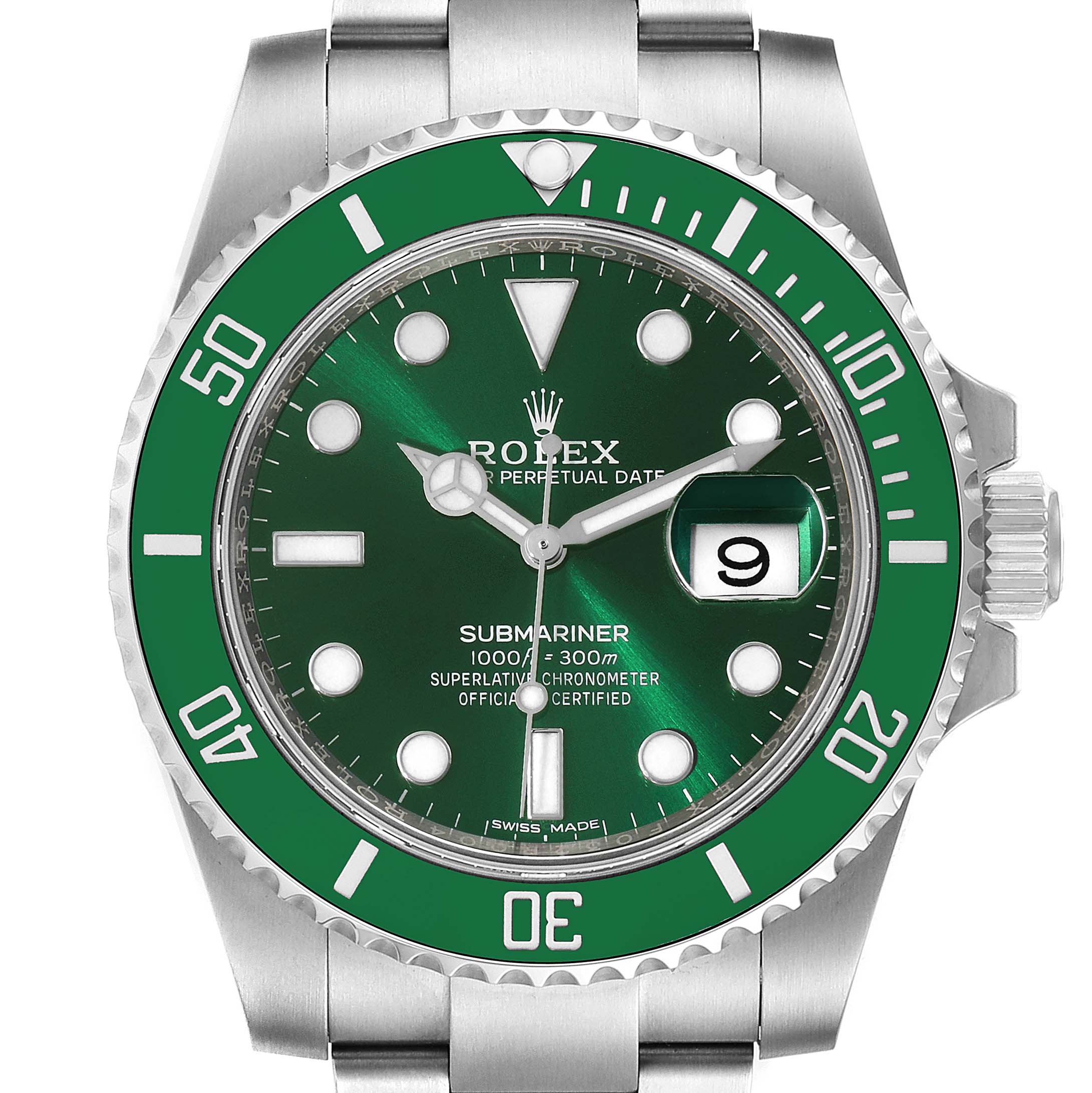 This image shows a frontal view of a Rolex Submariner 116610LV Men
s Stainless Steel Green Dial 116610LV Men
s Stainless Steel Green Dial watch, highlighting its green dial, bezel, and date window.