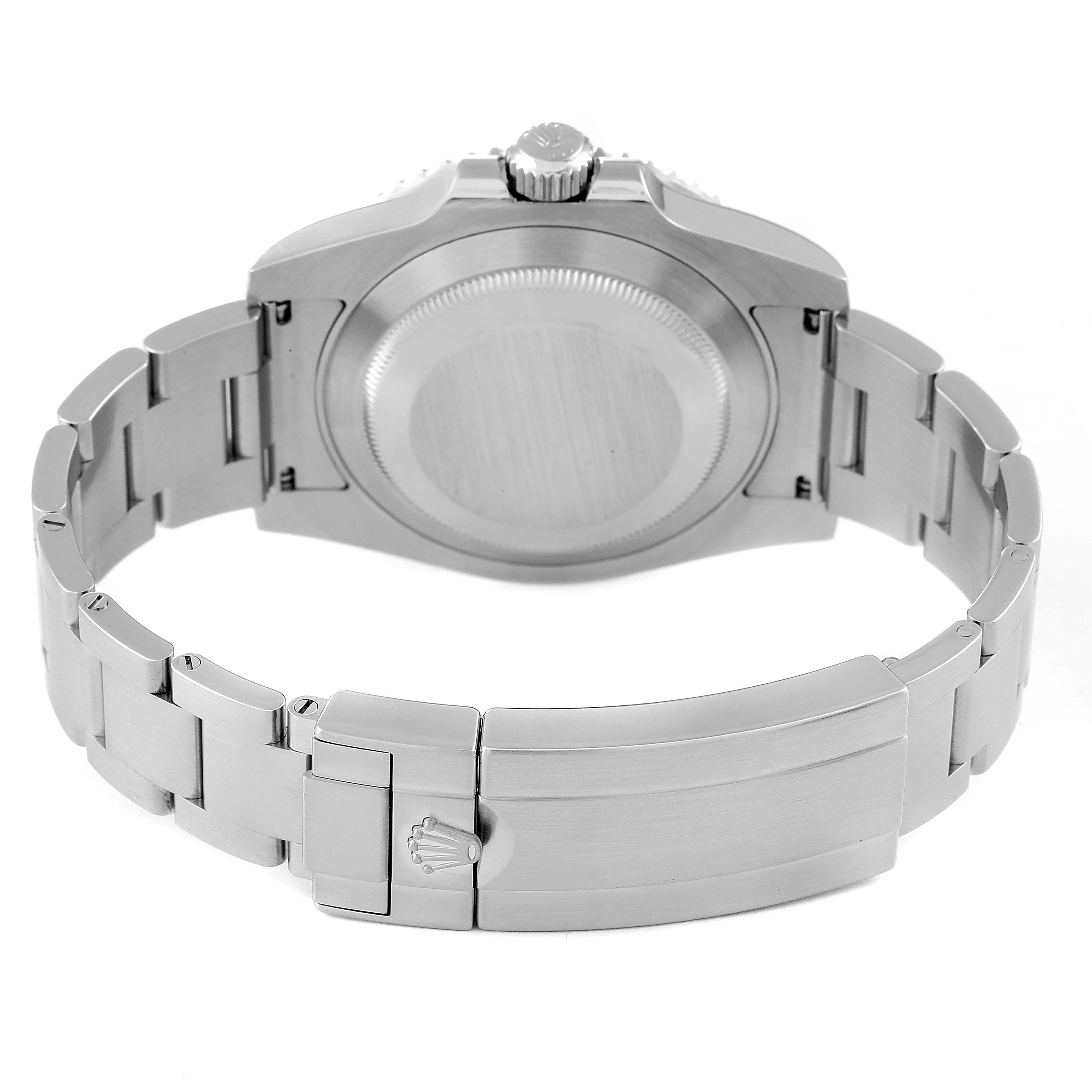 This image shows the back view of a Rolex Submariner 116610LV Men
s Stainless Steel Green Dial 116610LV Men
s Stainless Steel Green Dial watch, highlighting its case back and stainless steel bracelet.