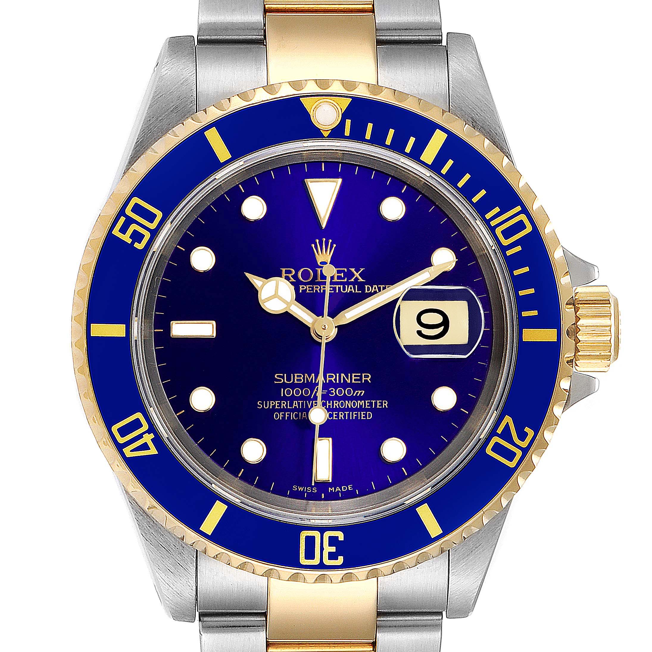 The image shows a front view of a Rolex Submariner 16613 Men
s Steel and Gold (two tone) Blue Dial 16613 Men
s Steel and Gold (two tone) Blue Dial watch, highlighting the bezel, dial, hands, and bracelet.