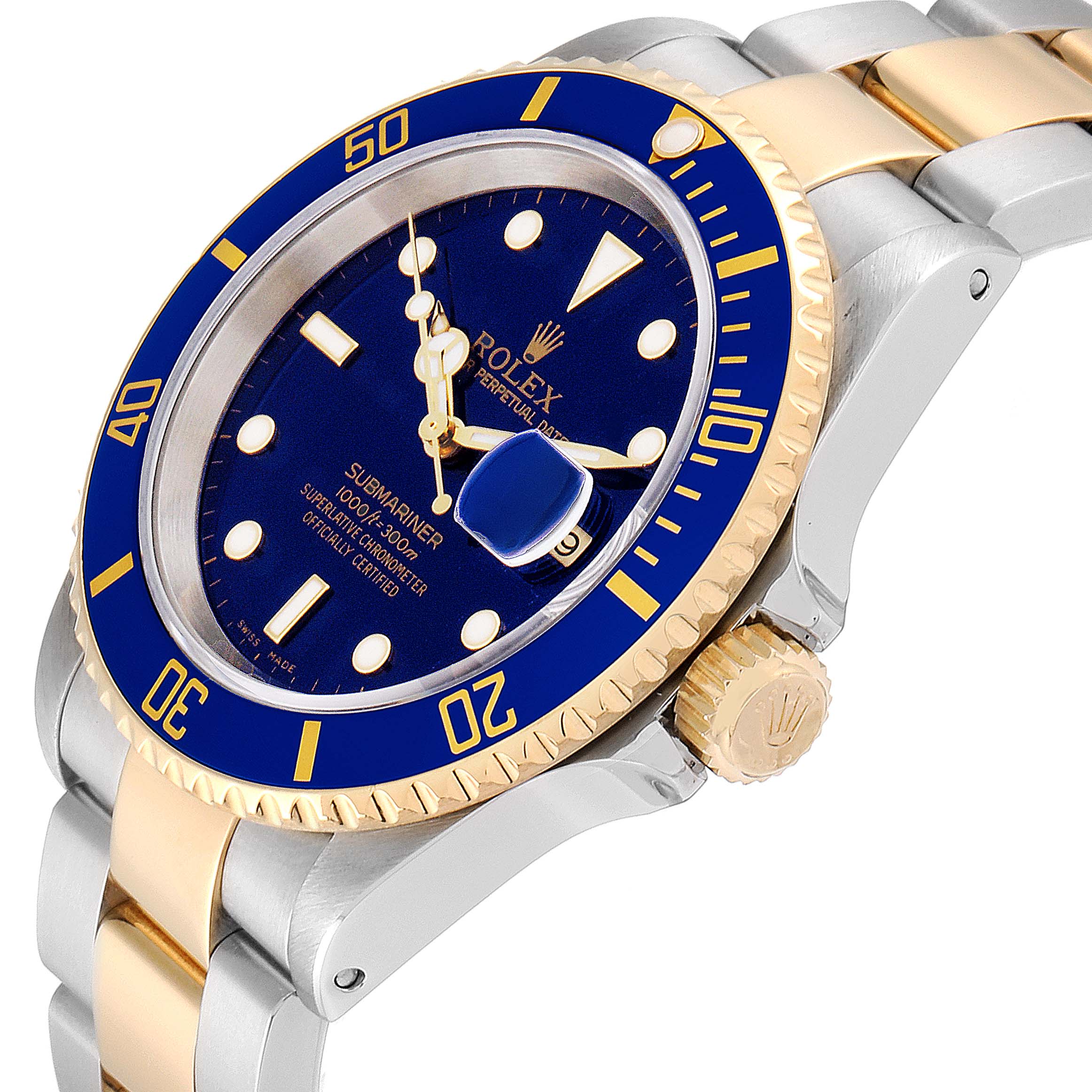 The image shows a close-up, angled view of a Rolex Submariner 16613 Men
s Steel and Gold (two tone) Blue Dial 16613 Men
s Steel and Gold (two tone) Blue Dial watch, highlighting the bezel, dial, and part of the strap.