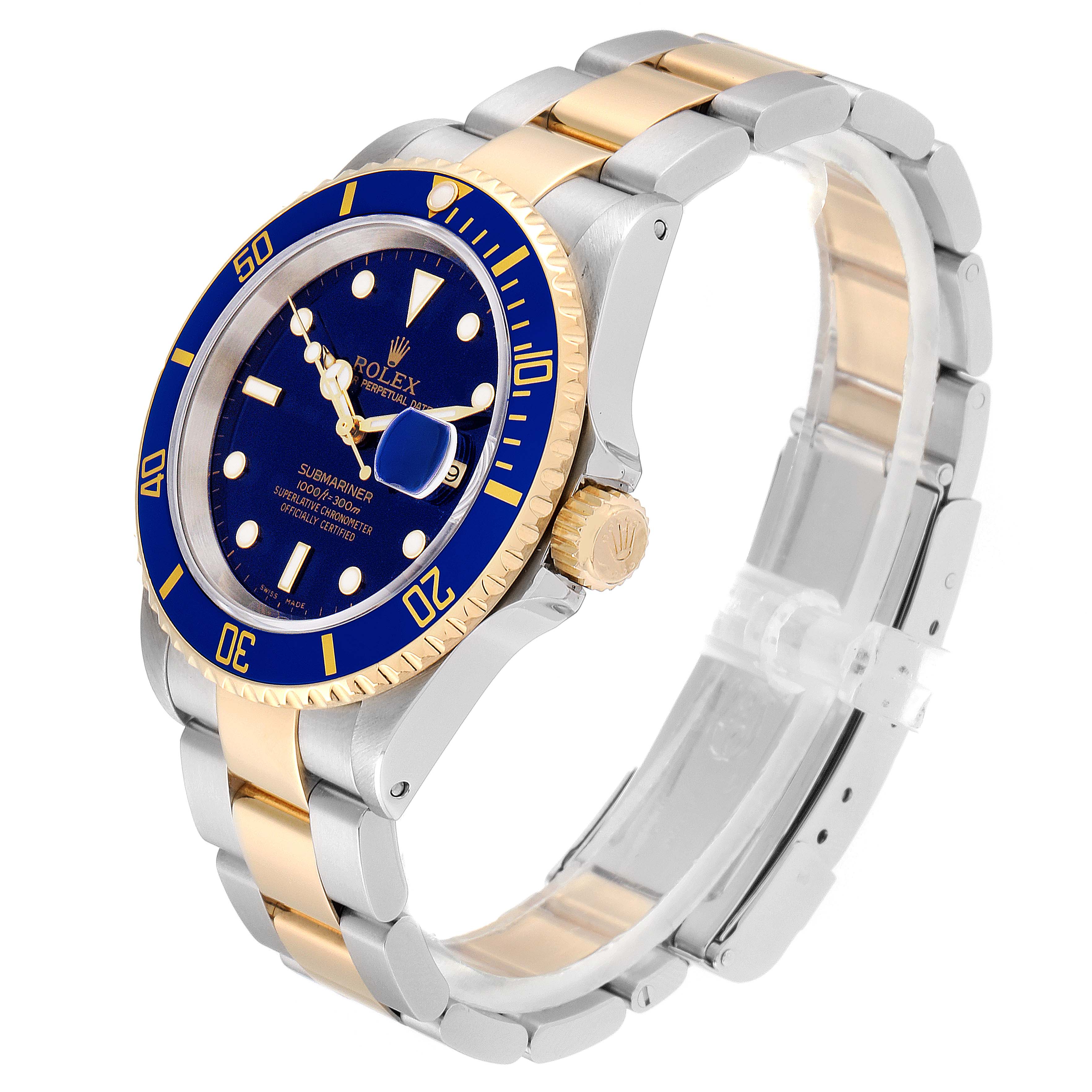 The image shows a side-angle view of the Rolex Submariner 16613 Men
s Steel and Gold (two tone) Blue Dial 16613 Men
s Steel and Gold (two tone) Blue Dial watch, highlighting its blue dial, rotating bezel, and two-tone bracelet.