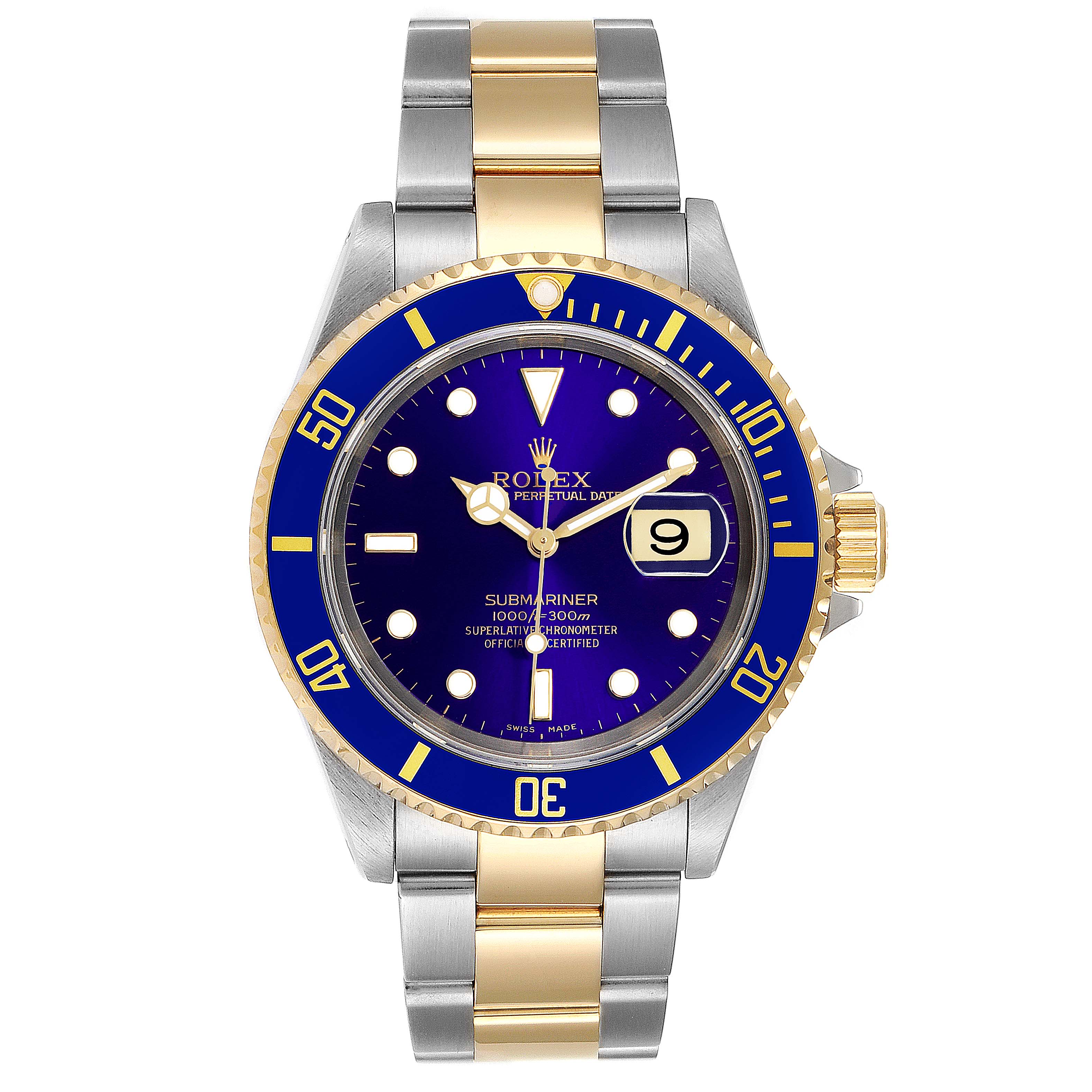 The image shows a Rolex Submariner 16613 Men
s Steel and Gold (two tone) Blue Dial 16613 Men
s Steel and Gold (two tone) Blue Dial watch from the front, featuring a blue dial, date display, and two-tone bracelet.
