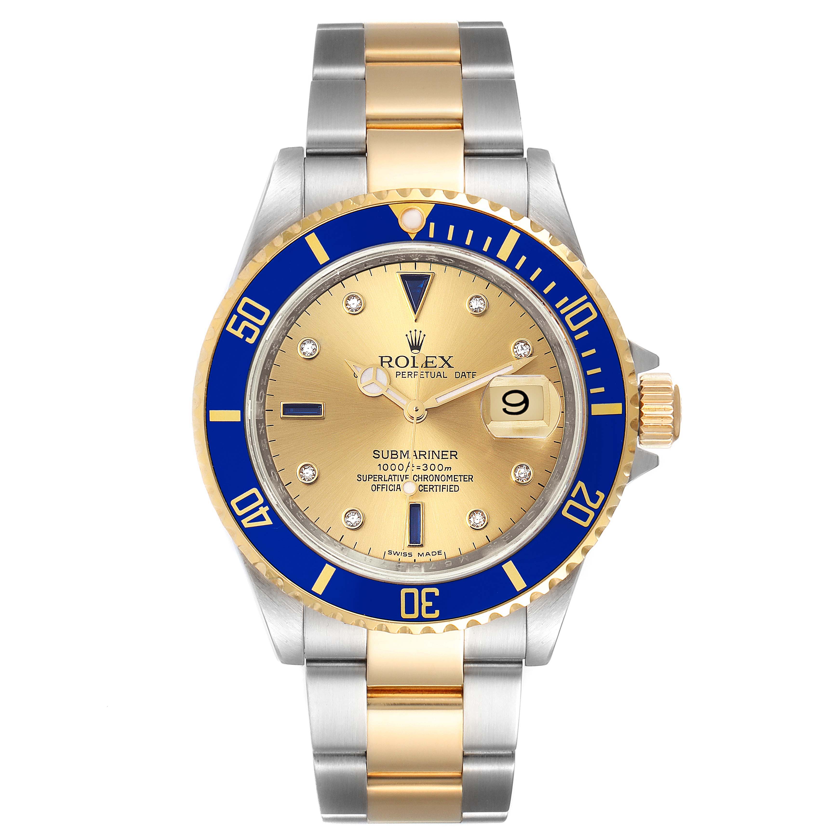 The Rolex Submariner 16613 Men
s Steel and Gold (two tone) Champagne Dial 16613 Men
s Steel and Gold (two tone) Champagne Dial watch is shown from a front view, displaying the dial, bezel, and bracelet.