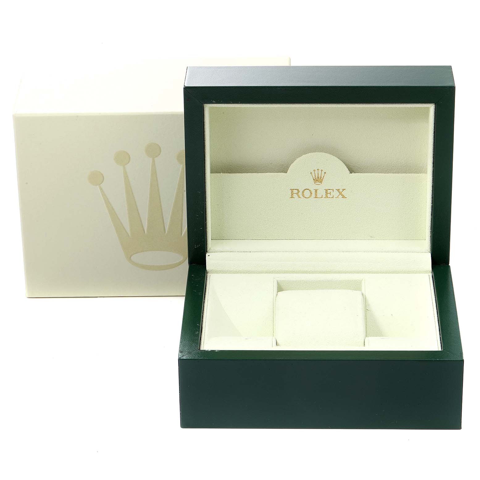 The image shows an open Rolex Submariner 16613 Men
s Steel and Gold (two tone) Champagne Dial 16613 Men
s Steel and Gold (two tone) Champagne Dial watch box with the outer box visible behind it.