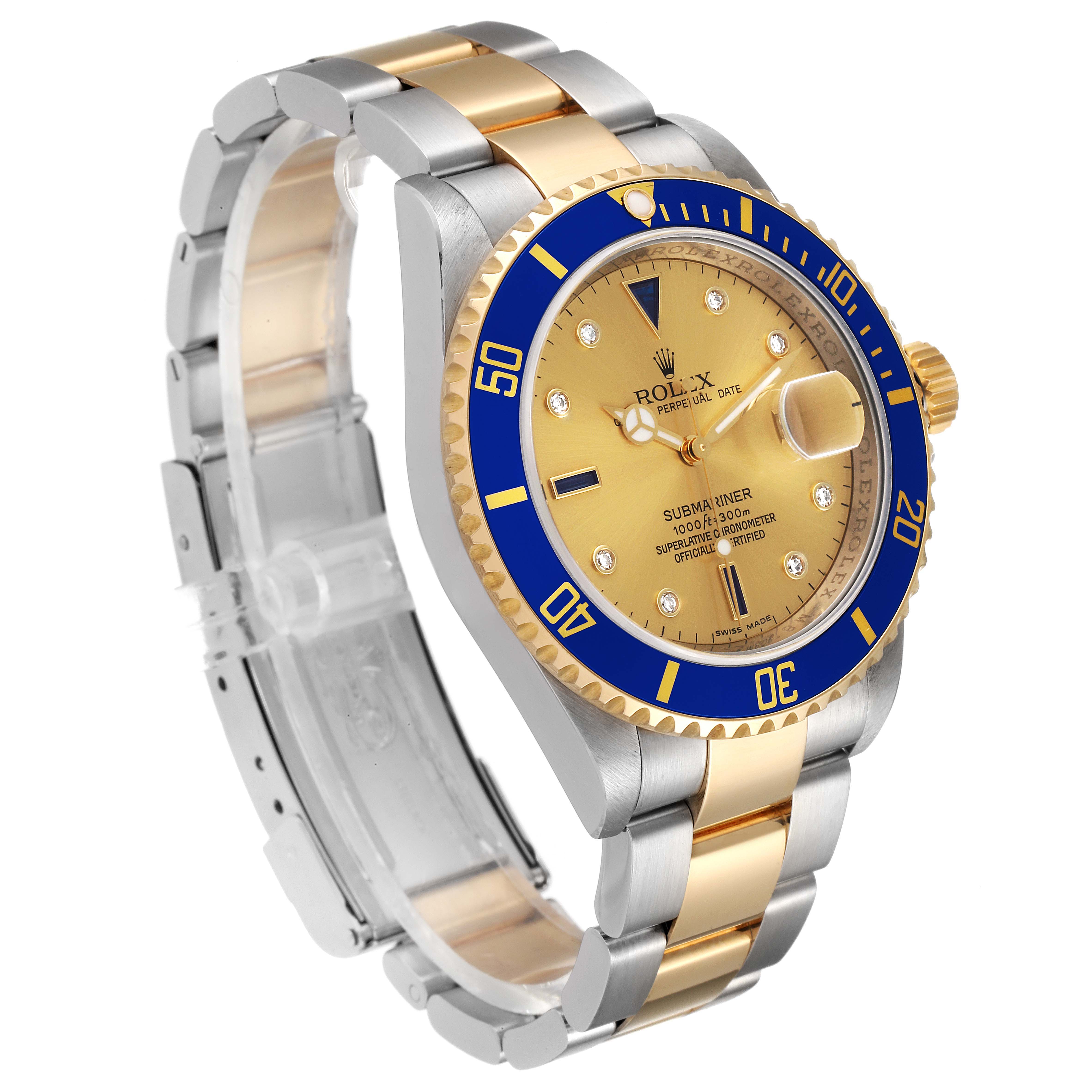 The Rolex Submariner 16613 Men
s Steel and Gold (two tone) Champagne Dial 16613 Men
s Steel and Gold (two tone) Champagne Dial watch is shown at a three-quarter angle, highlighting the bracelet, bezel, and dial.