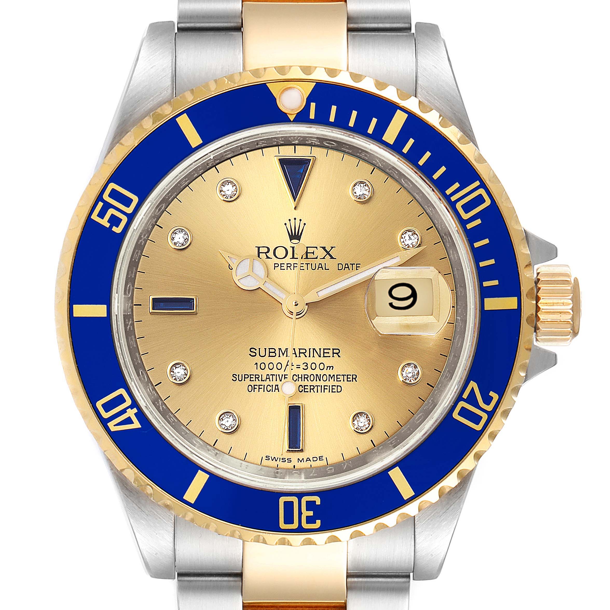 The image shows a front view of a Rolex Submariner 16613 Men
s Steel and Gold (two tone) Champagne Dial 16613 Men
s Steel and Gold (two tone) Champagne Dial watch featuring a blue and gold bezel with a gold dial.