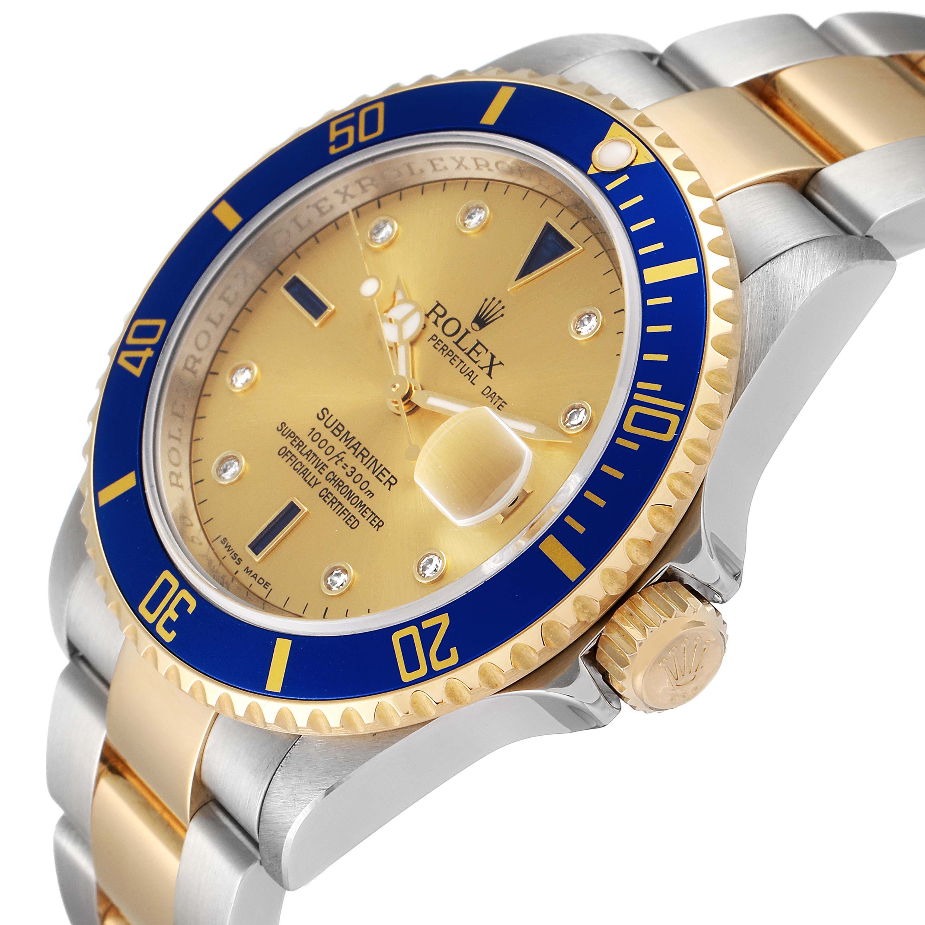 The image shows a side and slightly top view of the Rolex Submariner 16613 Men
s Steel and Gold (two tone) Champagne Dial 16613 Men
s Steel and Gold (two tone) Champagne Dial watch, highlighting the bezel, crown, and bracelet.