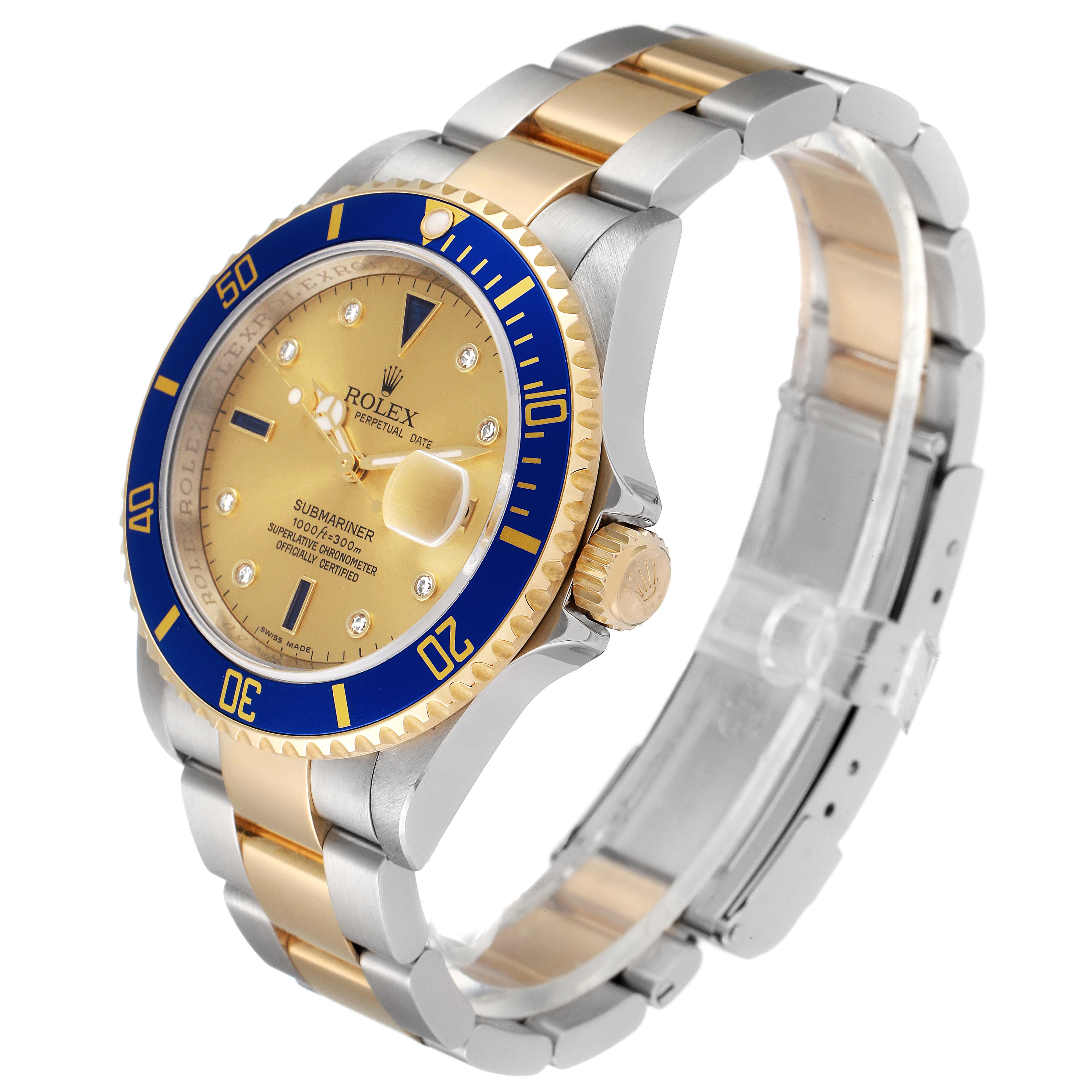 The Rolex Submariner 16613 Men
s Steel and Gold (two tone) Champagne Dial 16613 Men
s Steel and Gold (two tone) Champagne Dial watch is shown at an angled side view, highlighting the dial, bezel, crown, and bracelet.