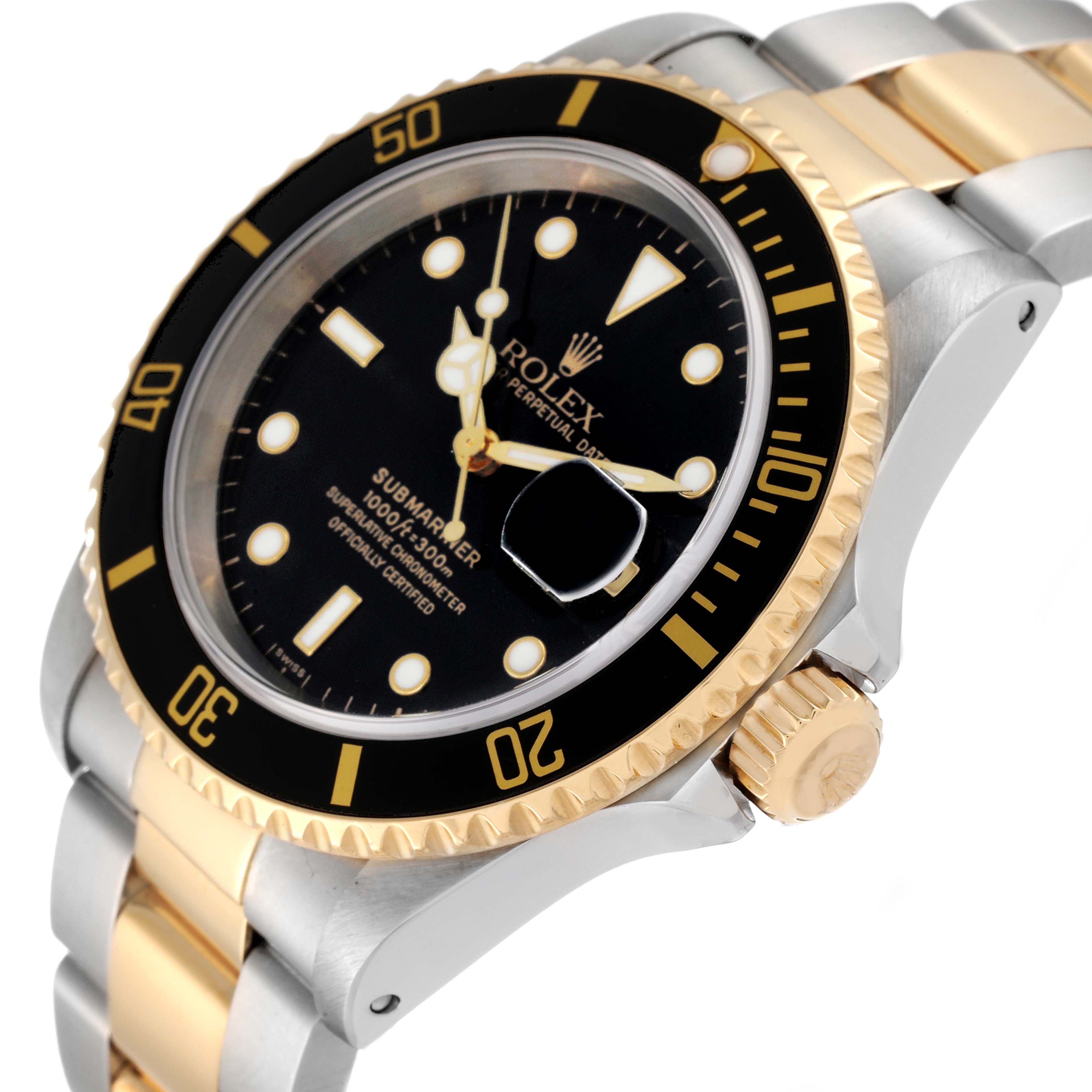 The Rolex Submariner 16613 Men's Steel and Gold (two tone) Black Dial 16613 Men's Steel and Gold (two tone) Black Dial watch is shown at an angled side view, highlighting its black dial, bezel, and two-tone bracelet.