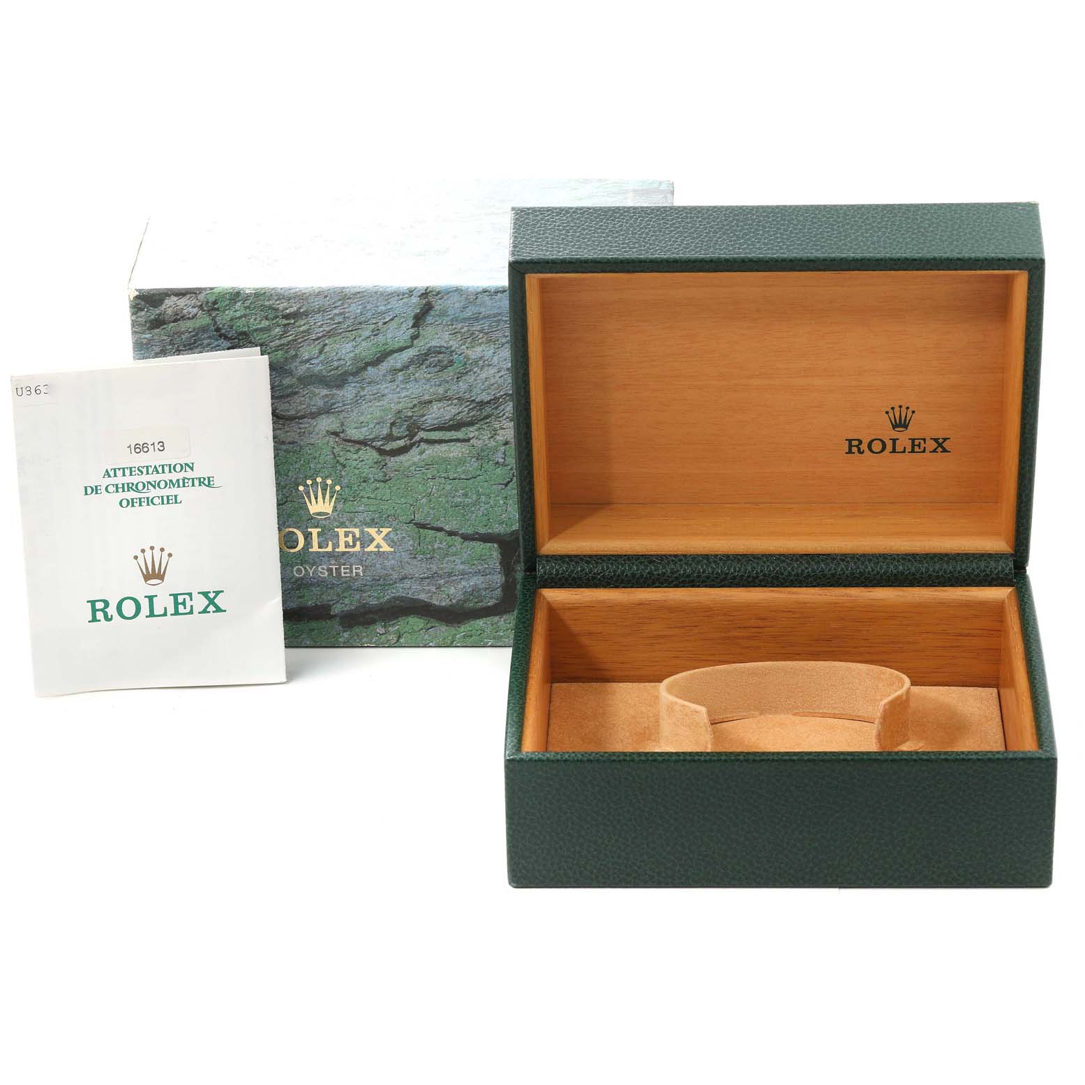 The image shows a green Rolex Submariner 16613 Men's Steel and Gold (two tone) Black Dial 16613 Men's Steel and Gold (two tone) Black Dial box, an official chronometer certificate, and an outer box from a front angle.