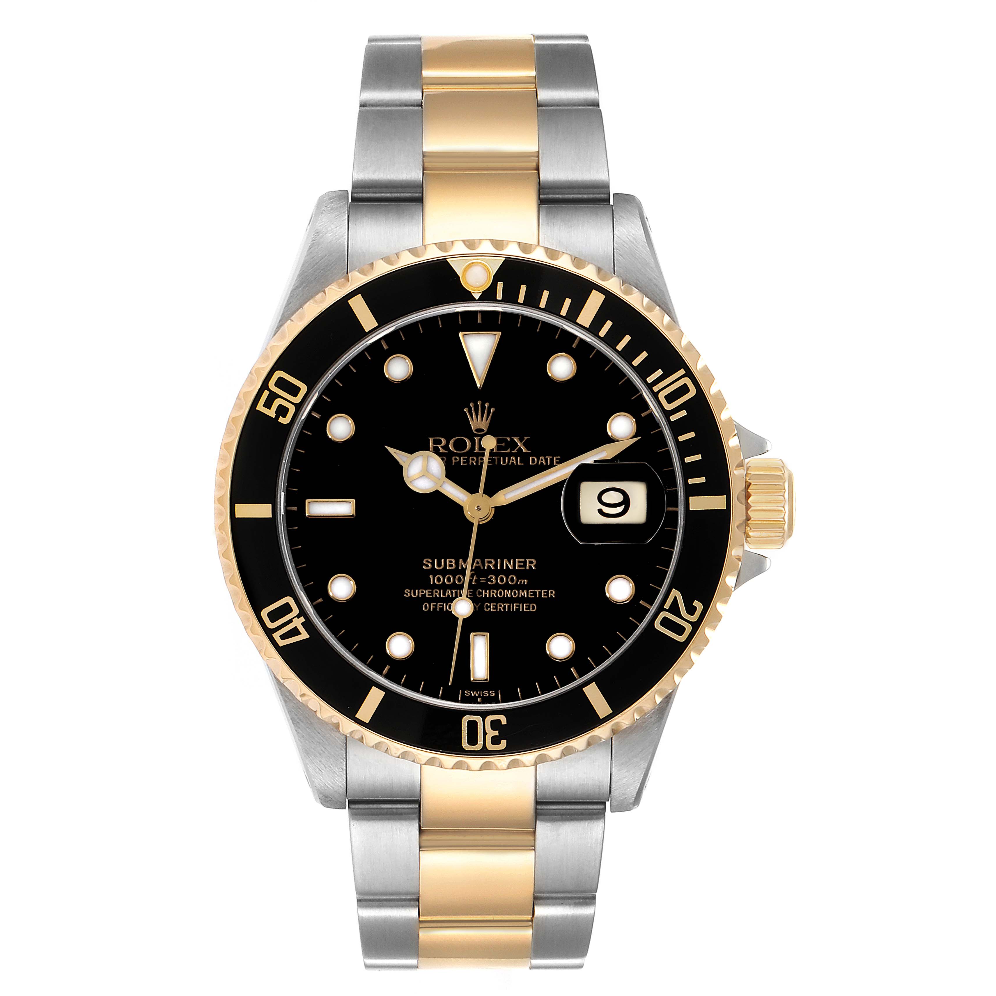 This is a front view of a Rolex Submariner 16613 Men's Steel and Gold (two tone) Black Dial 16613 Men's Steel and Gold (two tone) Black Dial watch, showcasing its black dial, gold bezel, and two-tone metal bracelet.