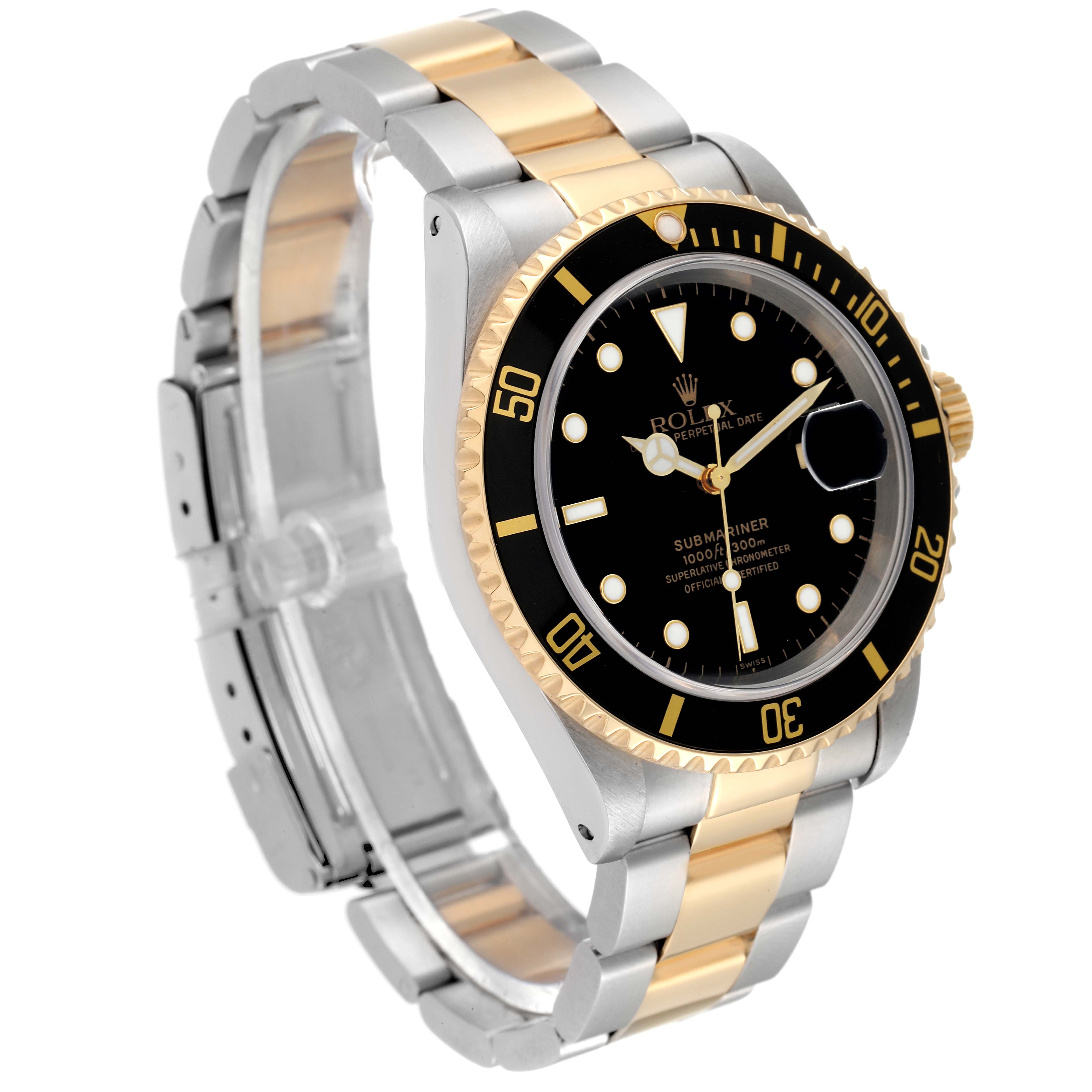 The image shows a side angle of a Rolex Submariner 16613 Men's Steel and Gold (two tone) Black Dial 16613 Men's Steel and Gold (two tone) Black Dial watch, highlighting its black dial, gold bezel, and two-tone bracelet.