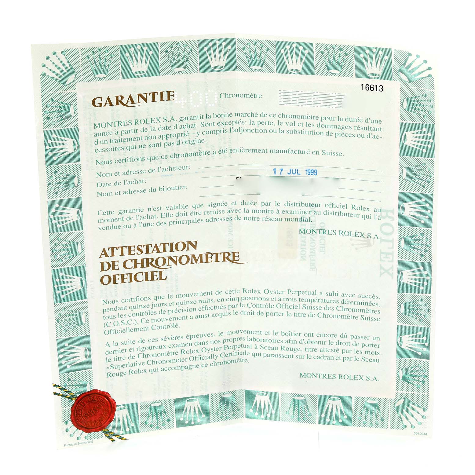 This image shows a warranty and chronometer certificate for the Rolex Submariner 16613 Men's Steel and Gold (two tone) Black Dial 16613 Men's Steel and Gold (two tone) Black Dial watch, displaying text and a red seal.