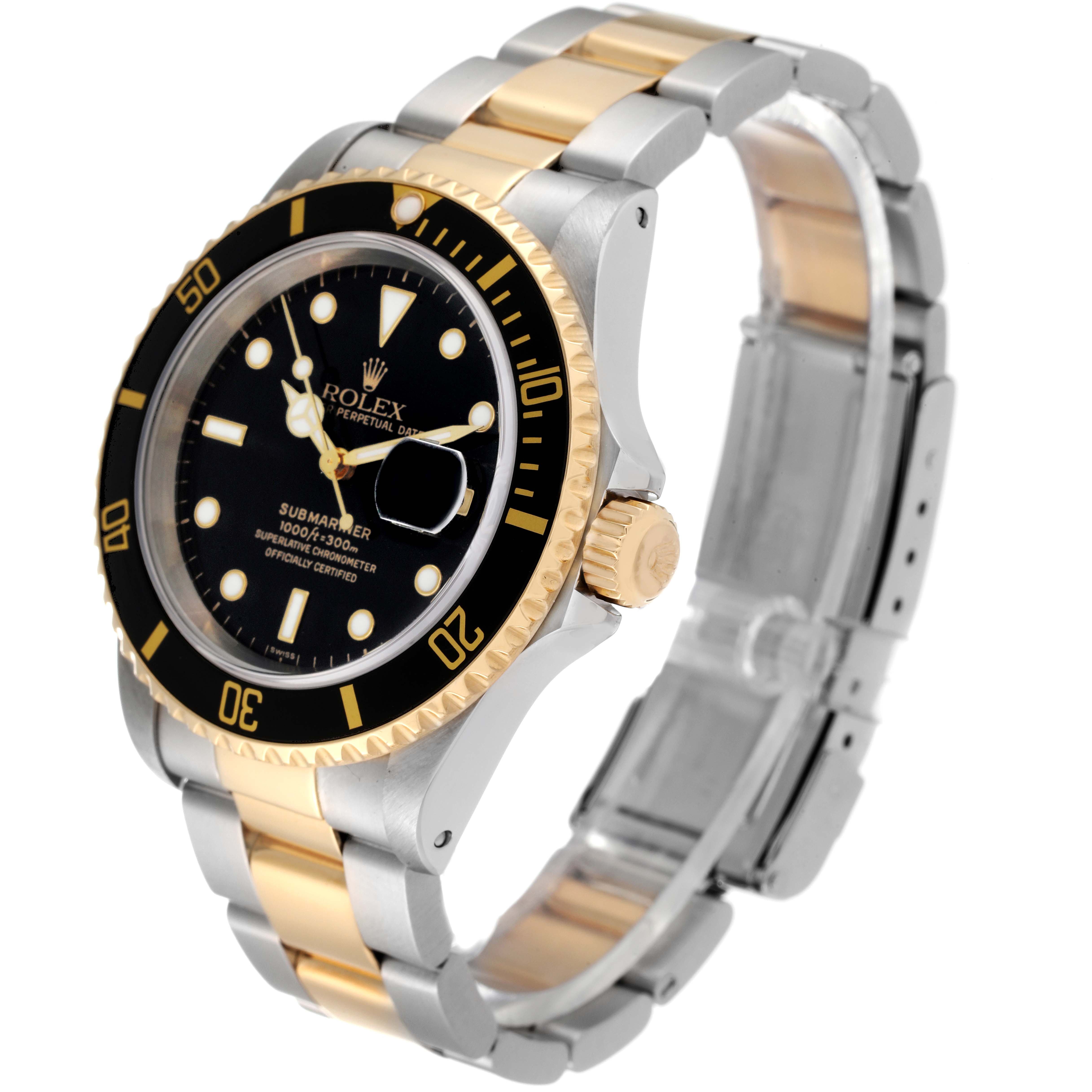 The image shows a Rolex Submariner 16613 Men's Steel and Gold (two tone) Black Dial 16613 Men's Steel and Gold (two tone) Black Dial watch angled from the front-left perspective, highlighting the dial, bezel, crown, and bracelet.