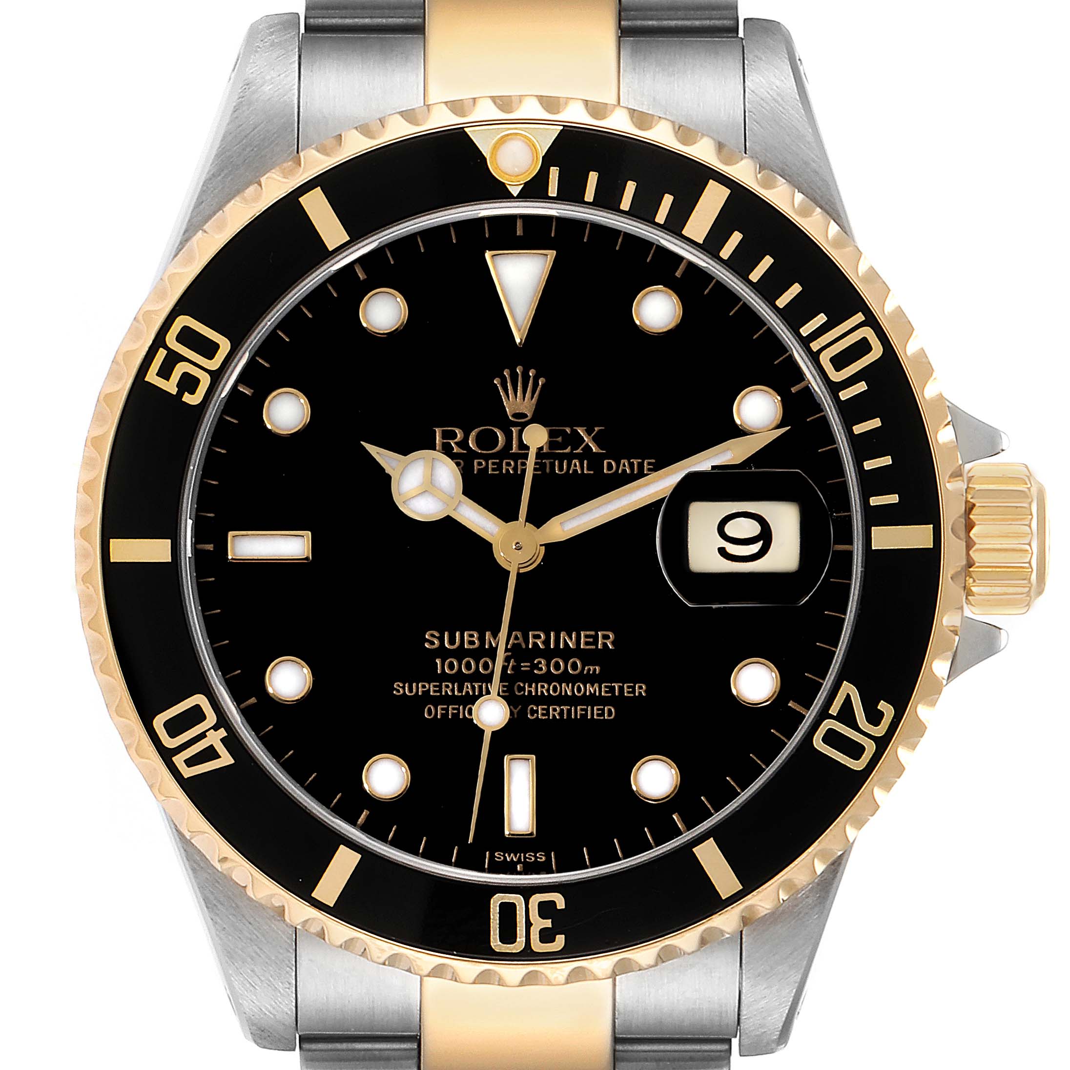 The image shows a Rolex Submariner 16613 Men's Steel and Gold (two tone) Black Dial 16613 Men's Steel and Gold (two tone) Black Dial watch from a front view, displaying its bezel, dial, and bracelet.