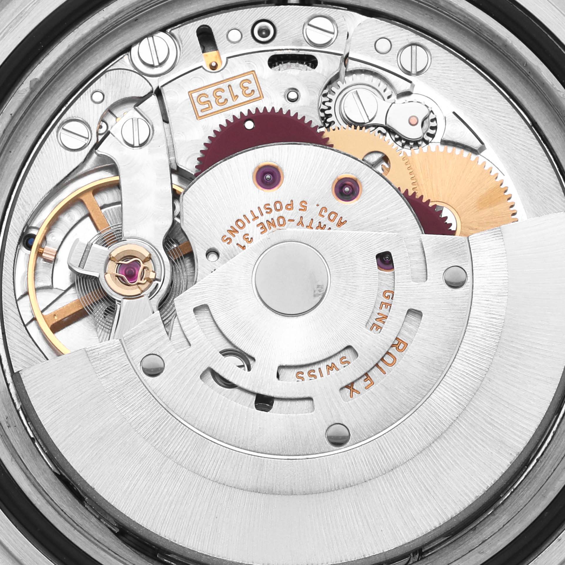 The image shows the inner mechanical movement of a Rolex Submariner 16613 Men's Steel and Gold (two tone) Black Dial 16613 Men's Steel and Gold (two tone) Black Dial watch from a top-down angle.