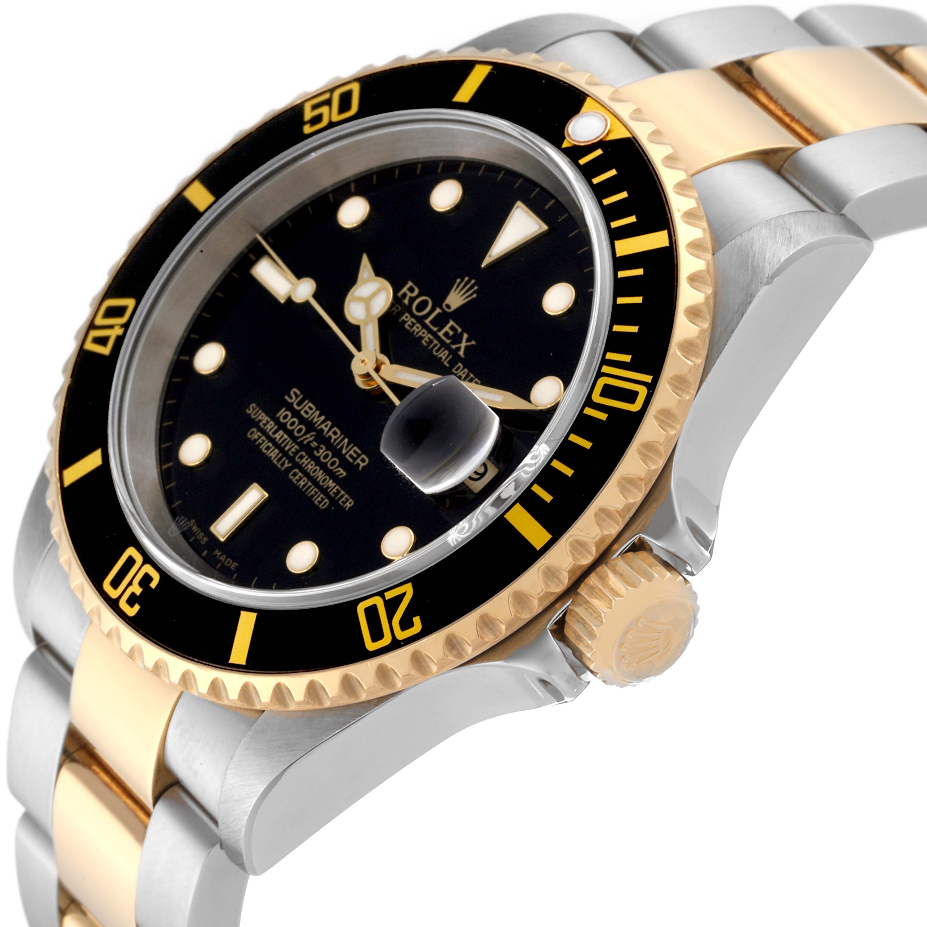 The Rolex Submariner 16613 Men's Steel and Gold (two tone) Black Dial 16613 Men's Steel and Gold (two tone) Black Dial watch is shown at an angle highlighting the bezel, crown, and face with a two-tone bracelet.