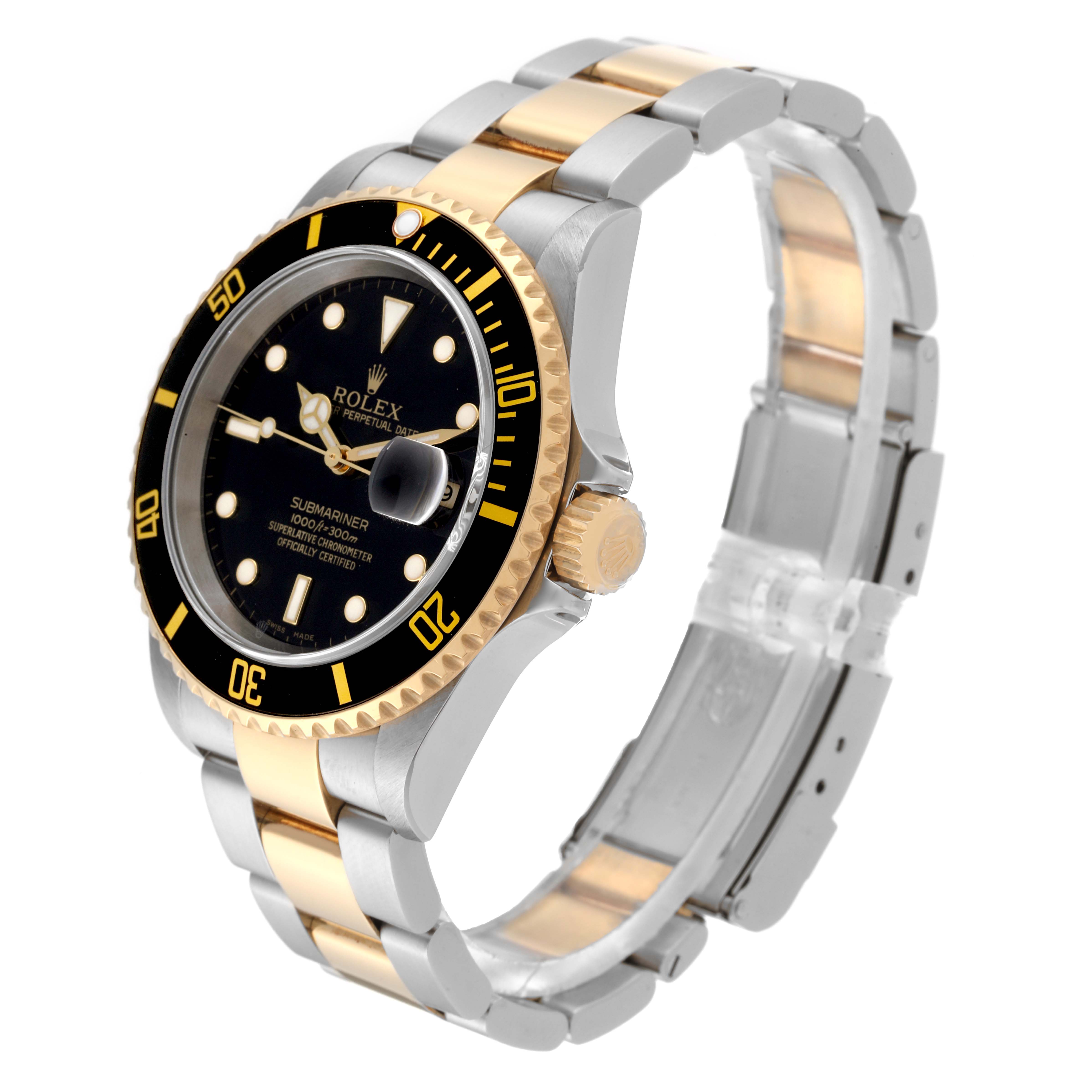 The Rolex Submariner 16613 Men's Steel and Gold (two tone) Black Dial 16613 Men's Steel and Gold (two tone) Black Dial watch is shown at a three-quarter angle, displaying the dial, bezel, and bracelet clearly.