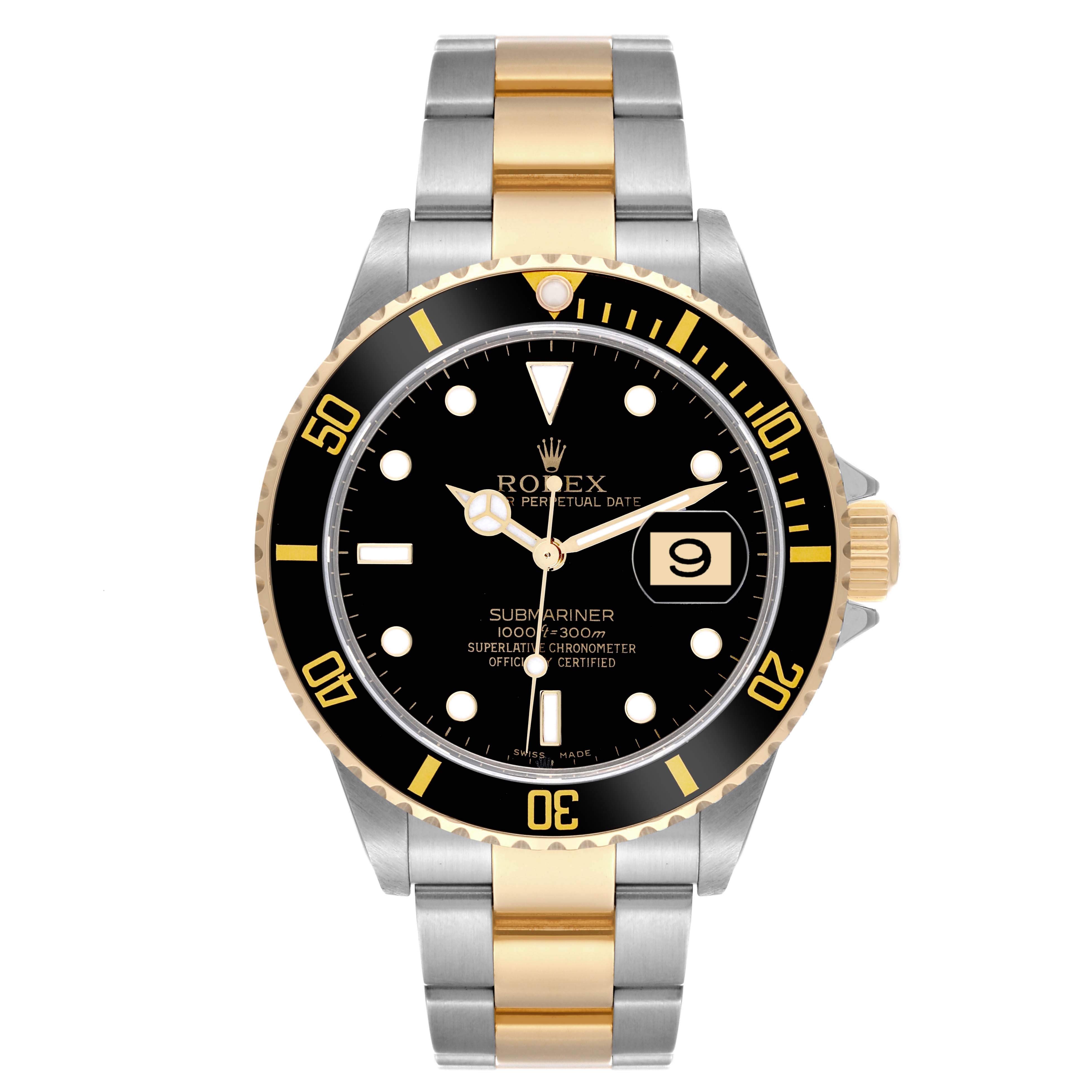 The Rolex Submariner 16613 Men's Steel and Gold (two tone) Black Dial 16613 Men's Steel and Gold (two tone) Black Dial watch is shown from a front angle, displaying the dial, bezel, and bracelet.