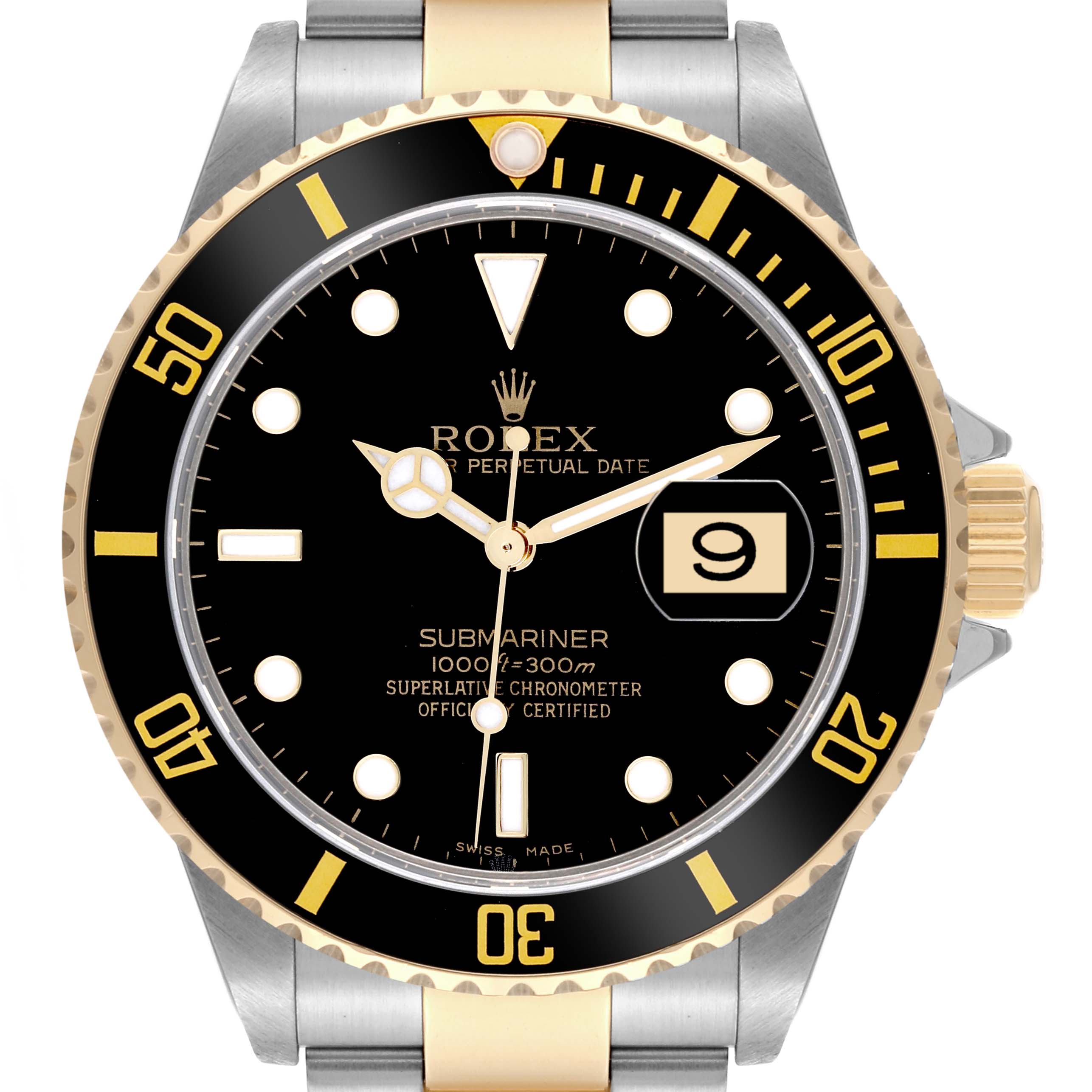 The Rolex Submariner 16613 Men's Steel and Gold (two tone) Black Dial 16613 Men's Steel and Gold (two tone) Black Dial watch is shown from a front angle, displaying the dial, bezel, crown, and part of the bracelet.