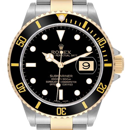 The Rolex Submariner is shown from the front, displaying the bezel, dial, hands, and date window.