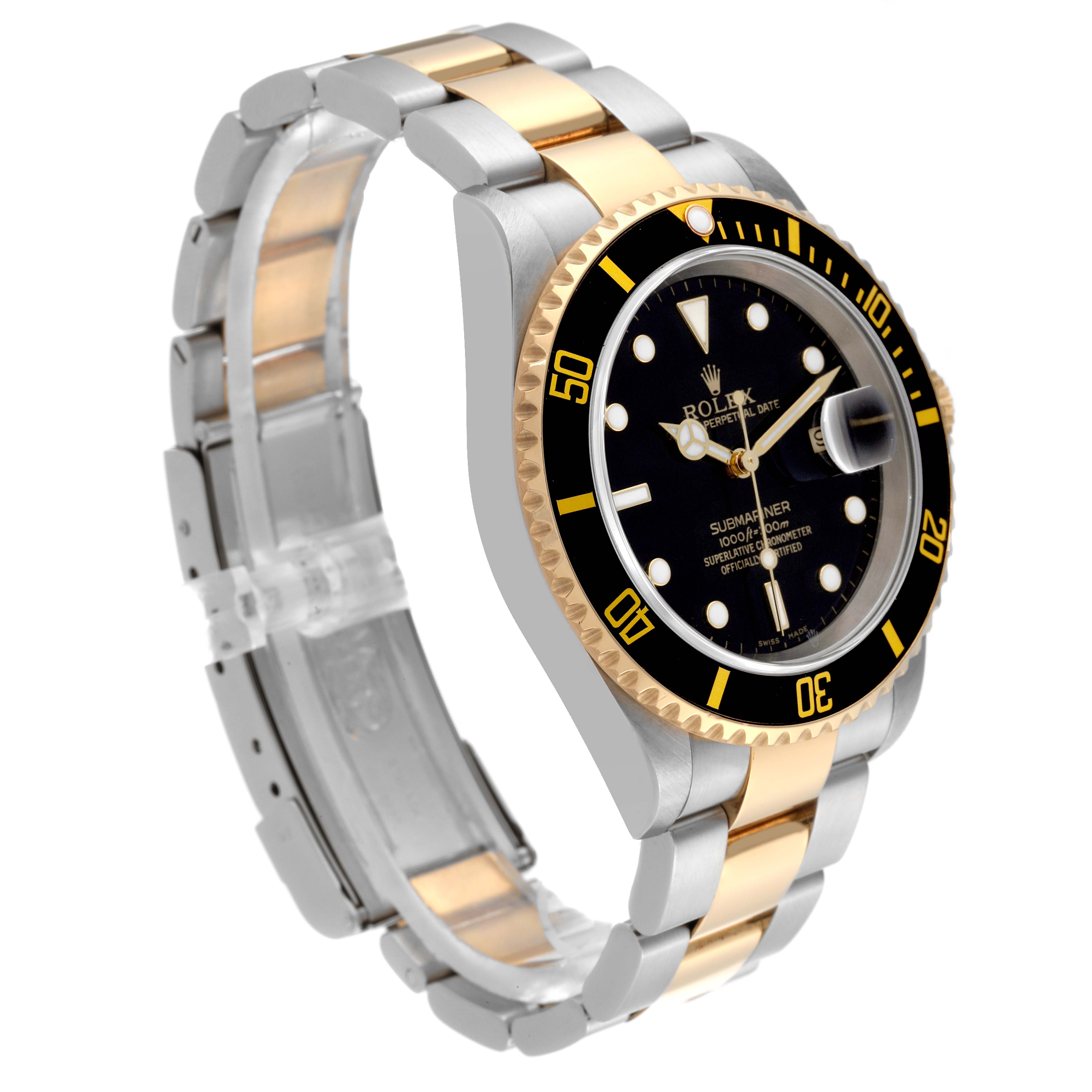 The Rolex Submariner 16613 Men's Steel and Gold (two tone) Black Dial 16613 Men's Steel and Gold (two tone) Black Dial is shown at a three-quarter angle, displaying the bezel, dial, and two-tone bracelet.