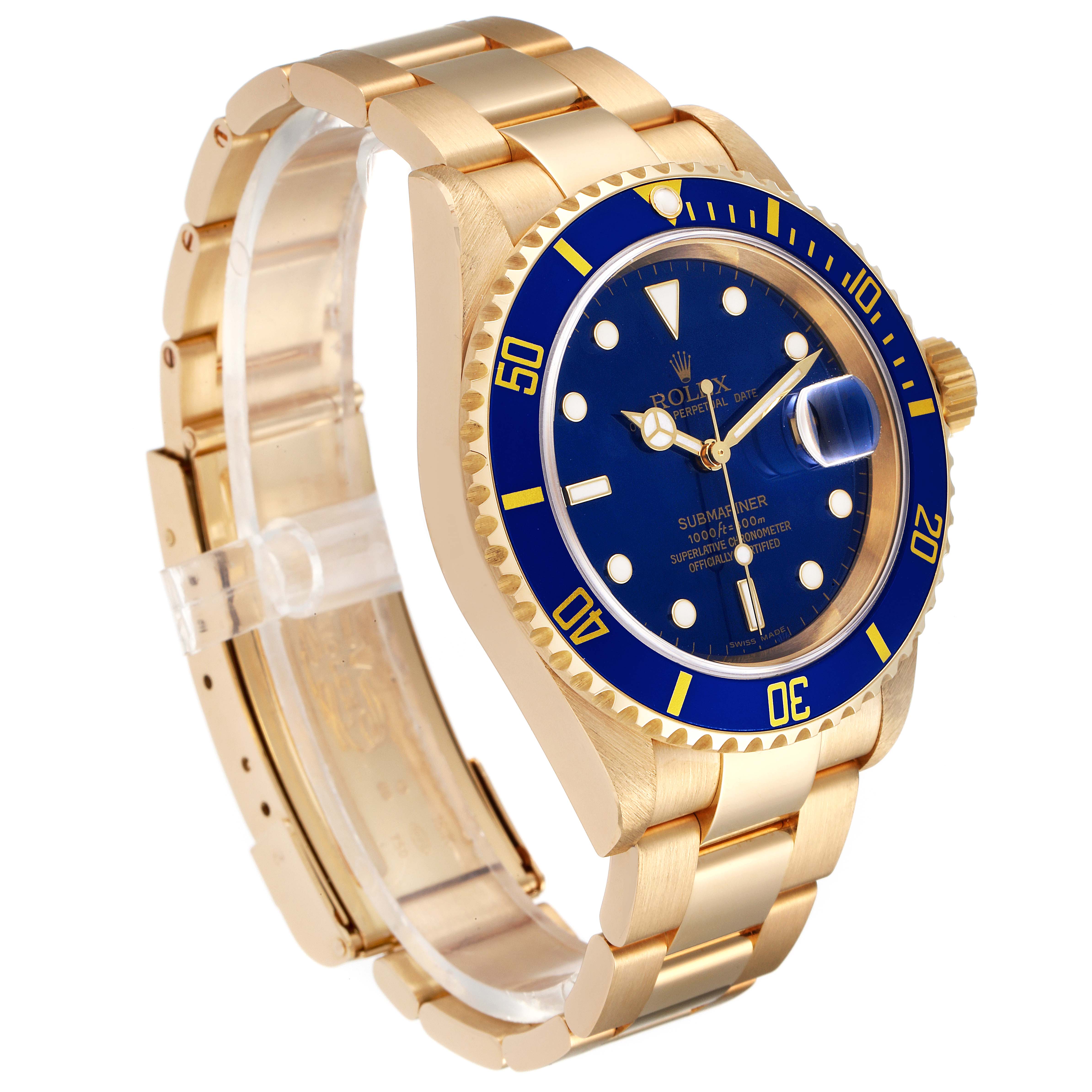 The image shows a Rolex Submariner 16618 Men's Yellow Gold Blue Dial 16618 Men's Yellow Gold Blue Dial watch at a slight angle, highlighting its gold bracelet, blue dial, and rotating bezel.